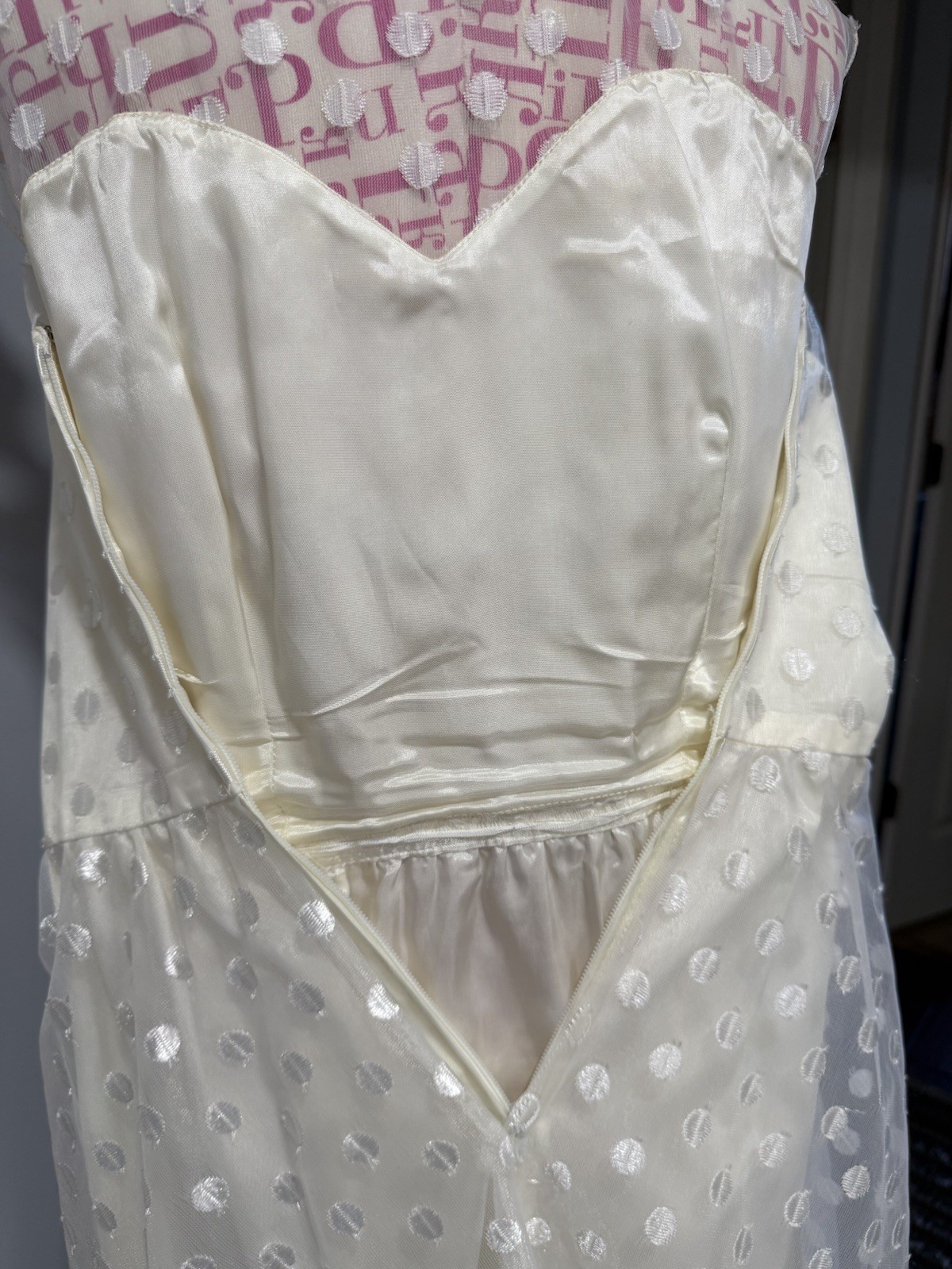 1950s Warren Petites Ivory Polka Dot Tulle Illusion Dress Tea Length Size 6