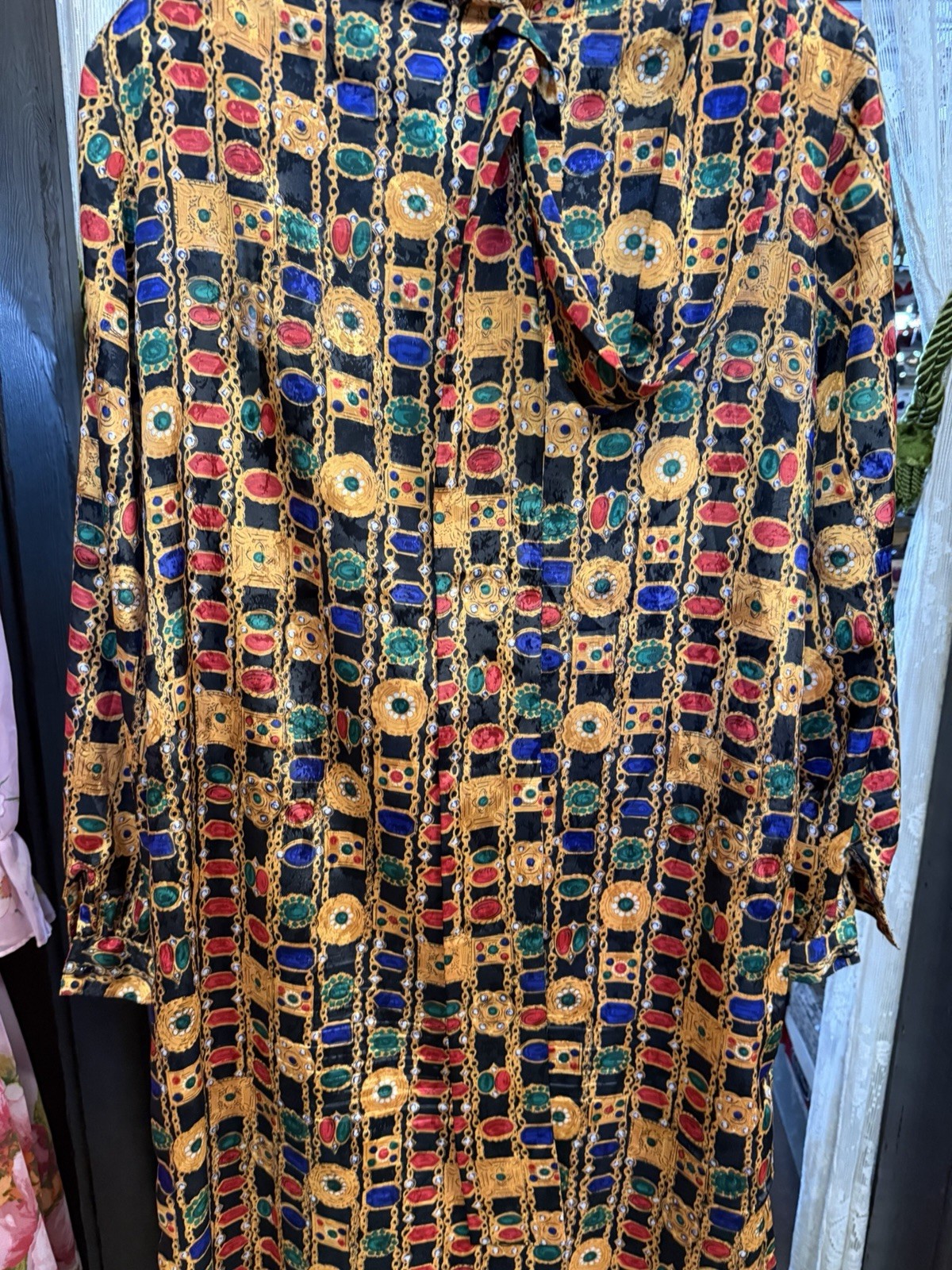Vintage 80s Bold JEWEL PRINT Dress Brownstone Studio Size 16 Shoulder Pads