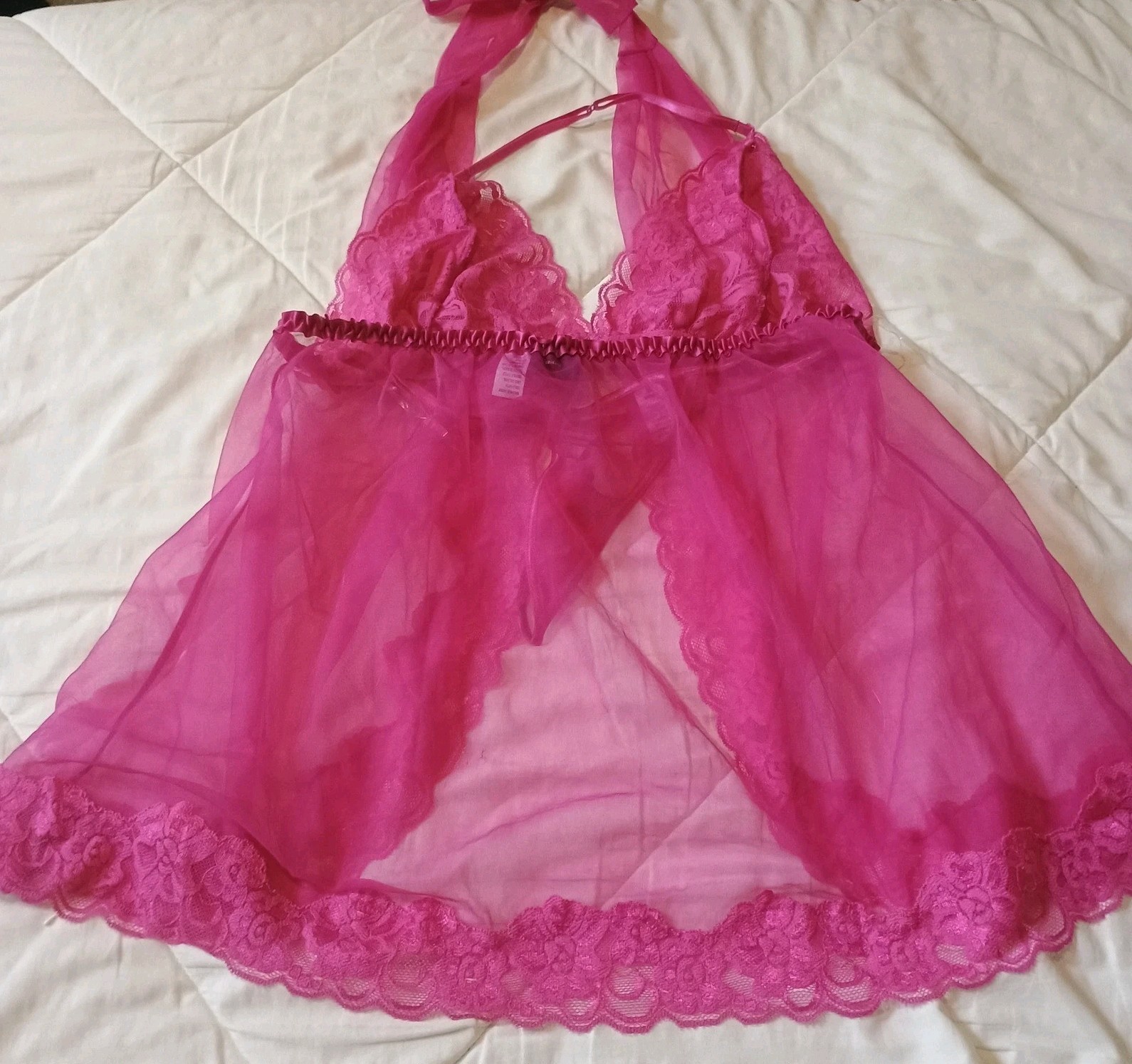 Frederick’s of Hollywood Babydoll Lingerie Set w/ Thong Pink Lace Sheer XL NWOT