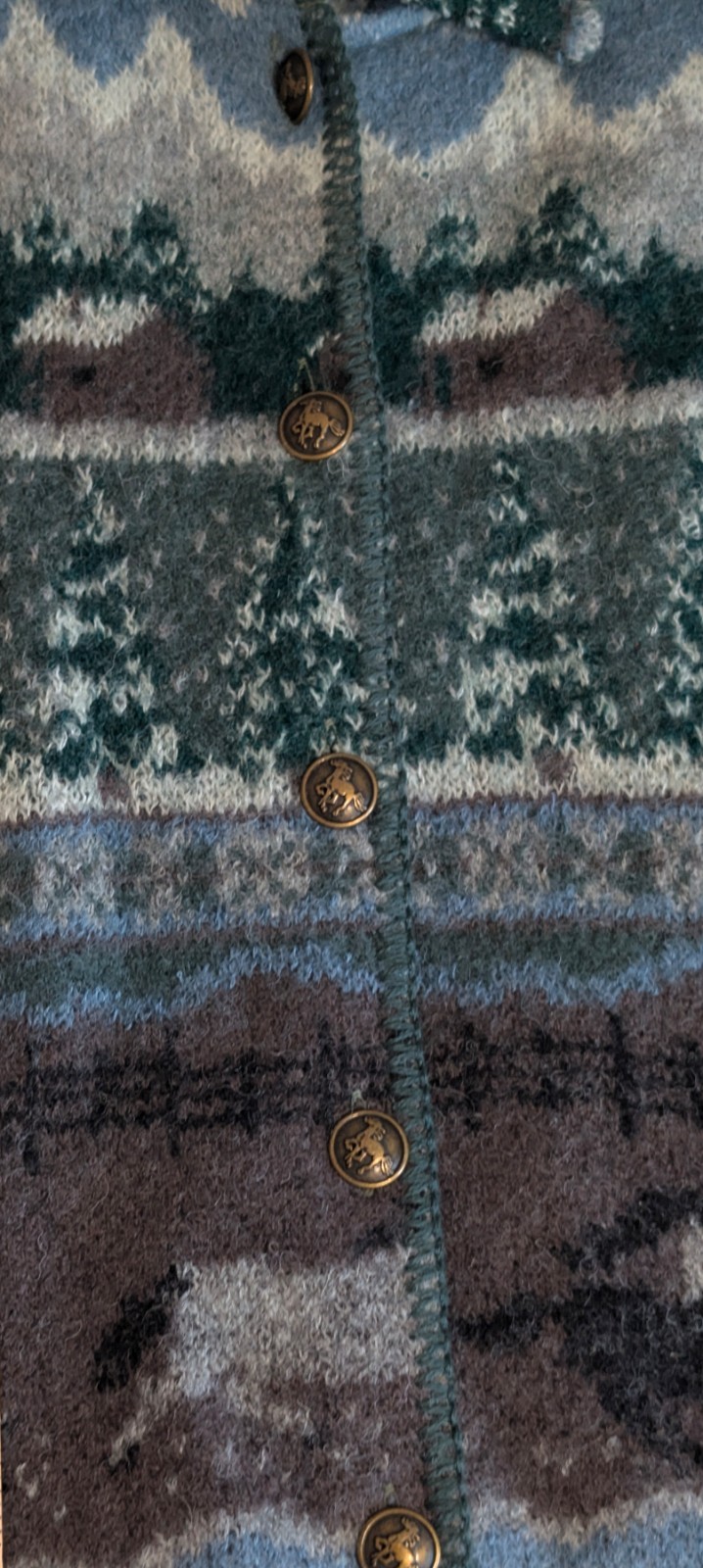 Vintage Alps 100% Wool Cardigan Sweater Women’s XL Mountain Scene Horse Cabin