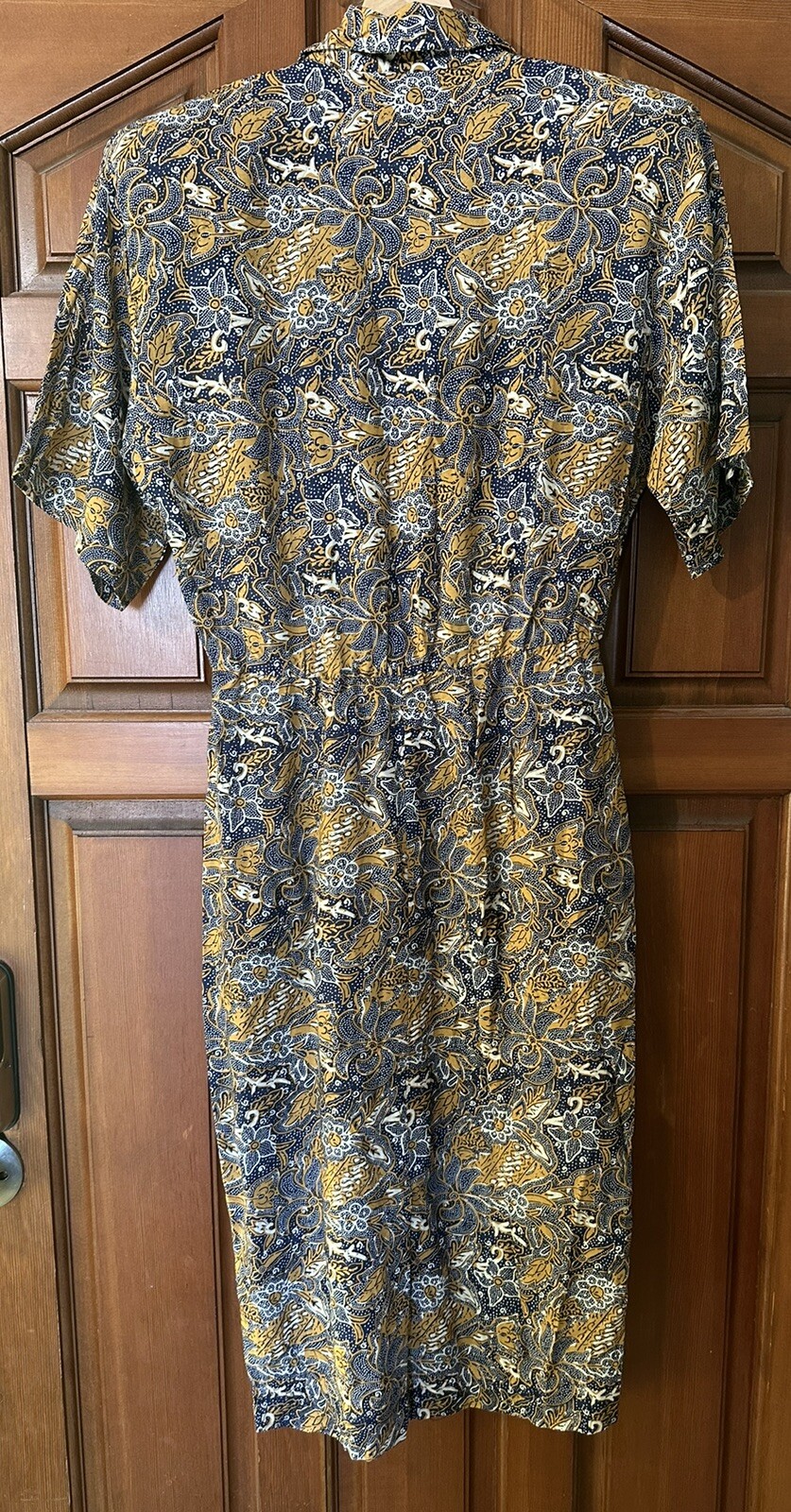 Vintage 80s Does 40s Hearts Midi Wiggle Pencil Dress Rayon Navy Gold Size 4 Or 6