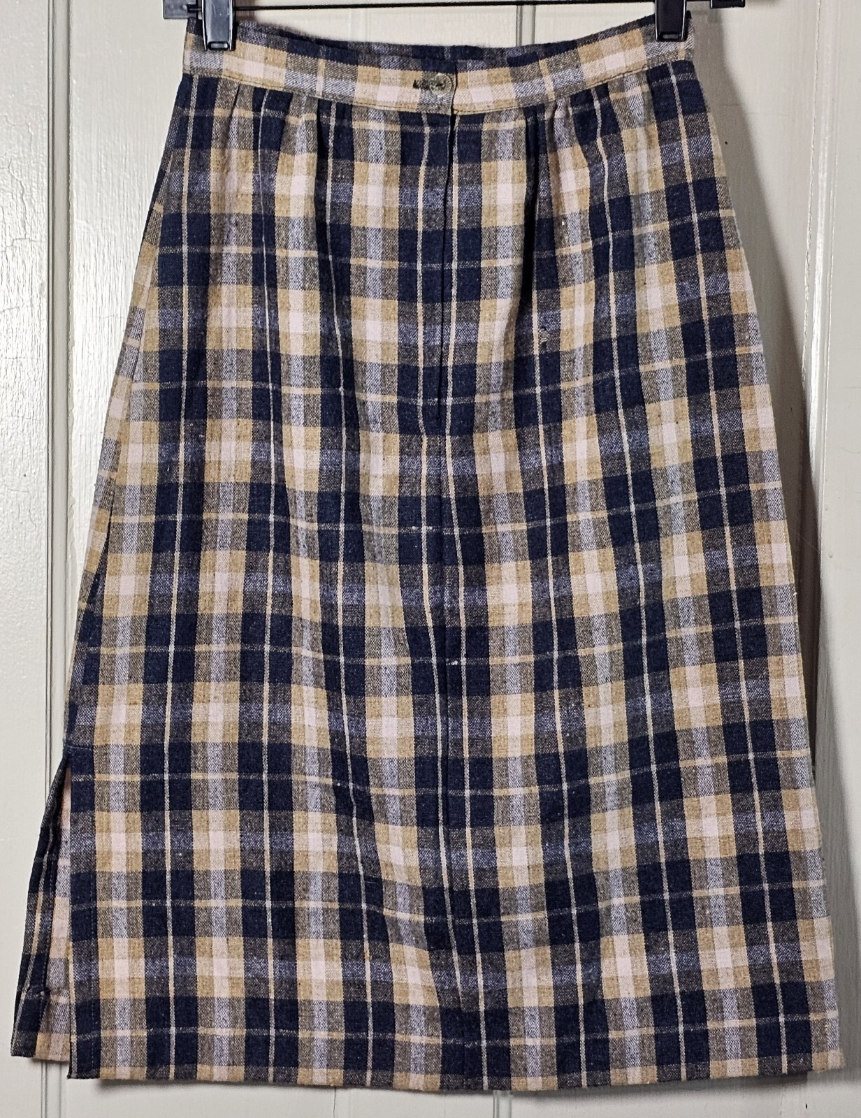 VTG 80’S Wool Pencil Skirt Women XS Blue Tan Pink Plaid Tartan Pleated Academia