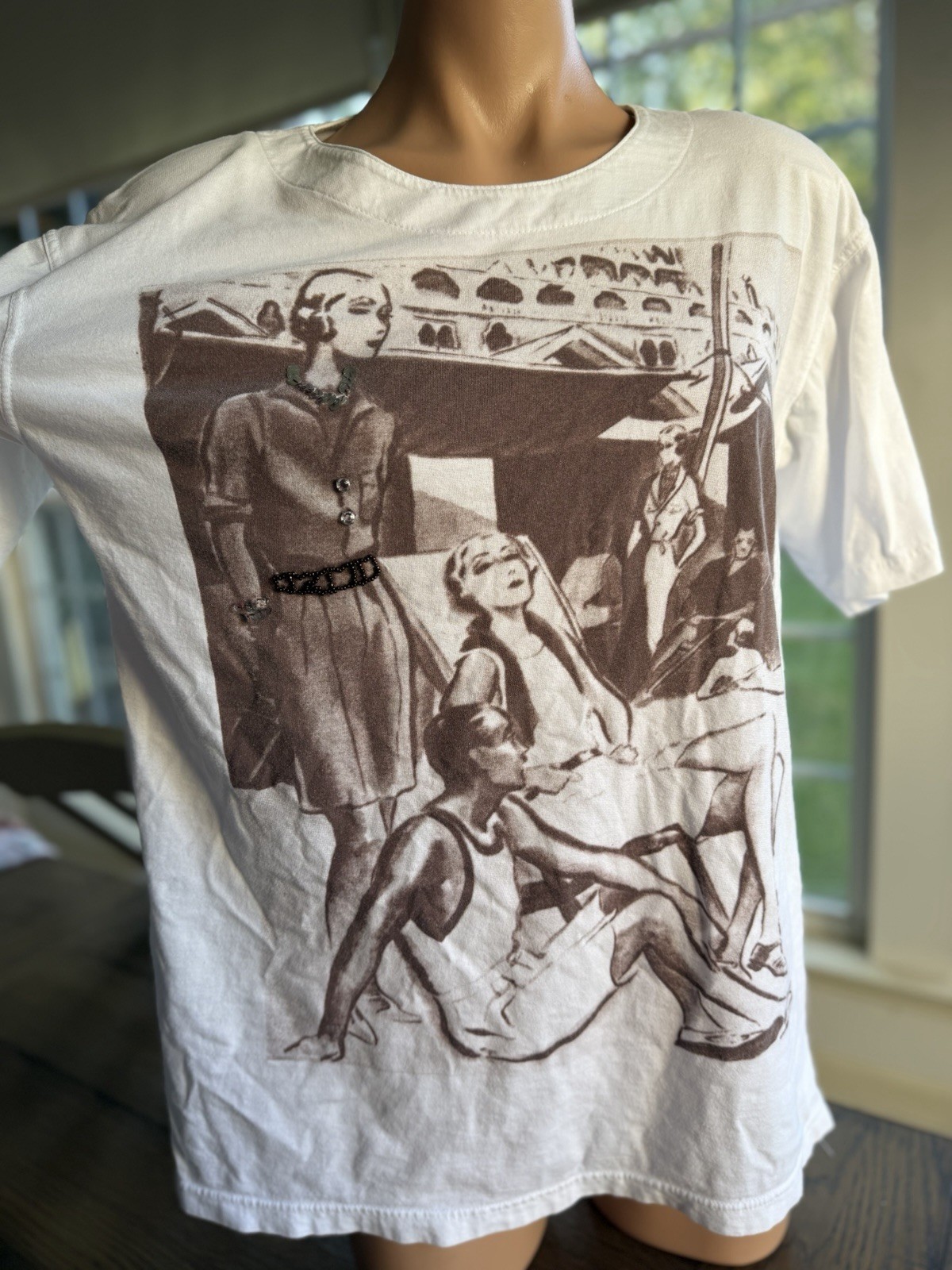 Vintage 80s Olsen Italy Graphic T-Shirt White Cotton Shoulder Pads Size 38 (M-L)