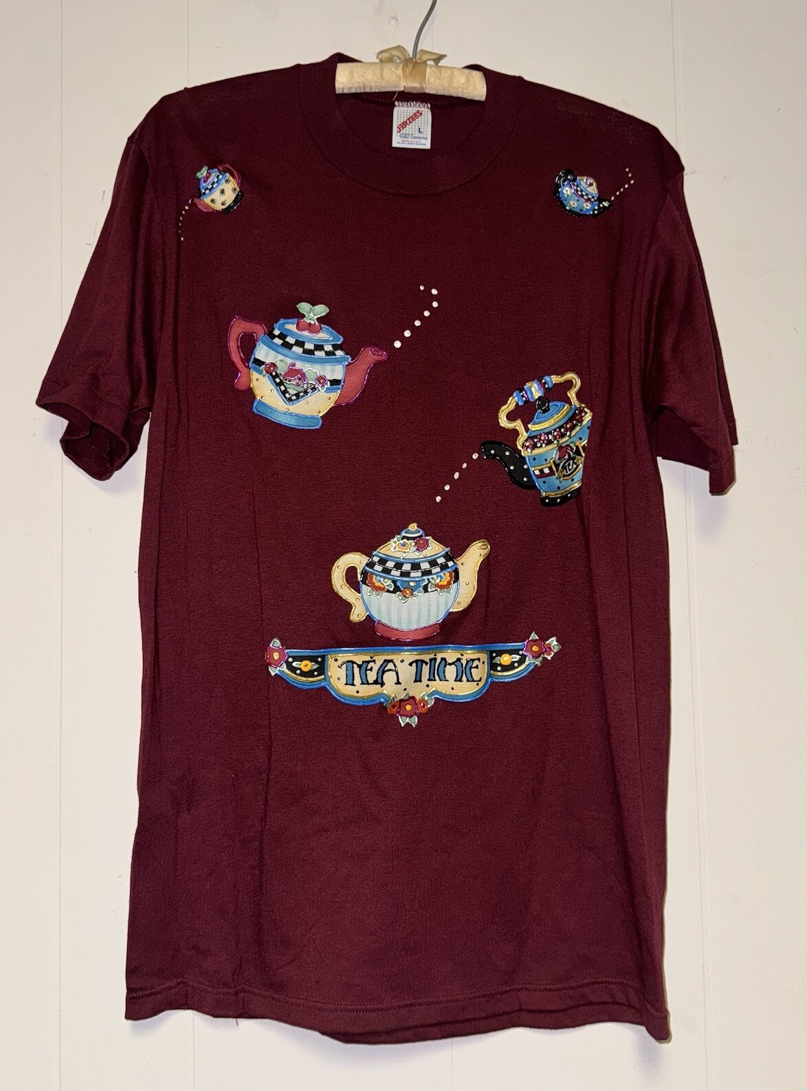 VTG Granny Core Graphic Tea Pots Jerzees L 80s Puffy Paint T Shirt