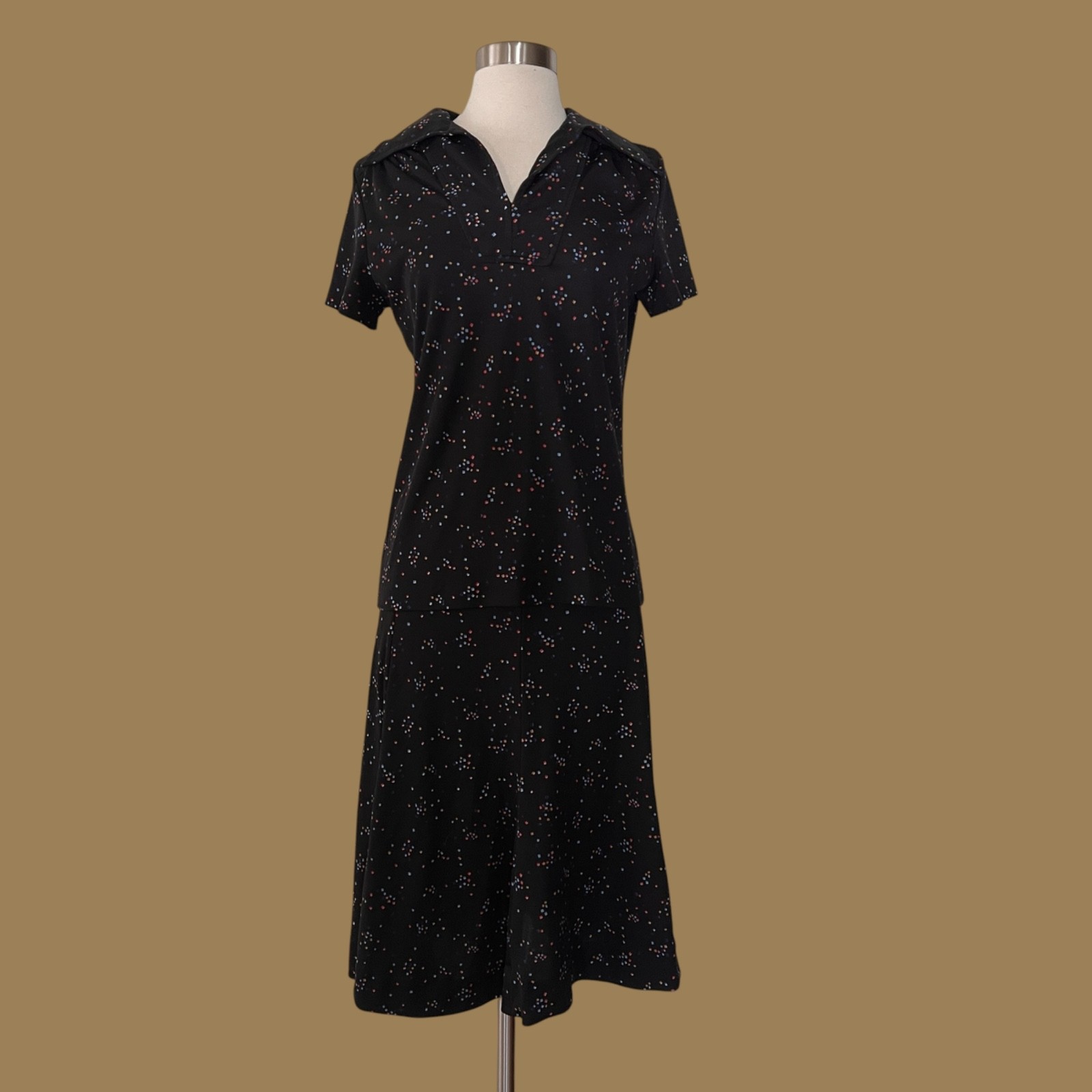 Vintage 70s Confetti Print 2 Piece Skirt & Blouse Set