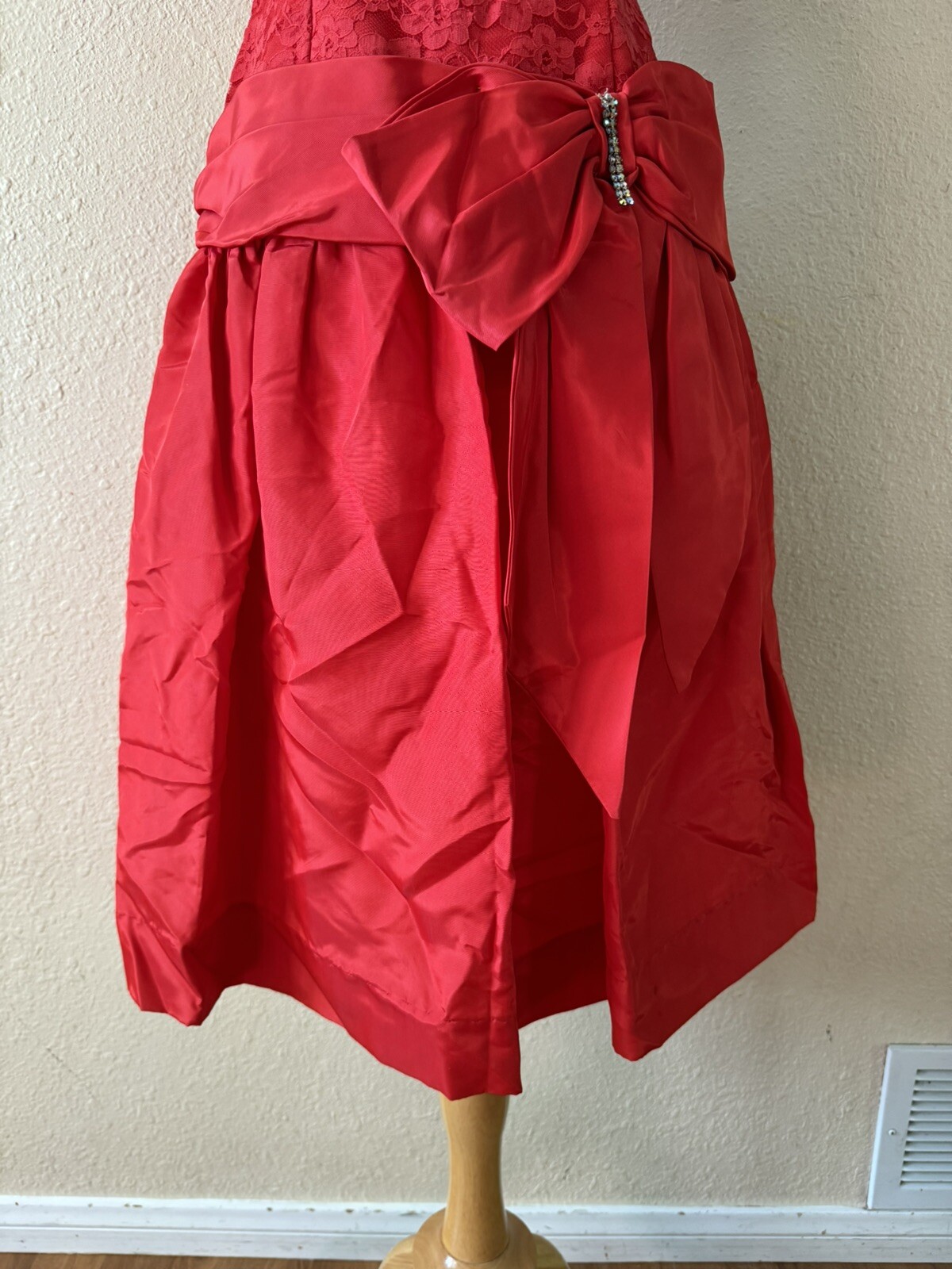 Vintage 80’s Red Lace Prom Dress Lydia Beetlejuice Size M Bow Rhinestone