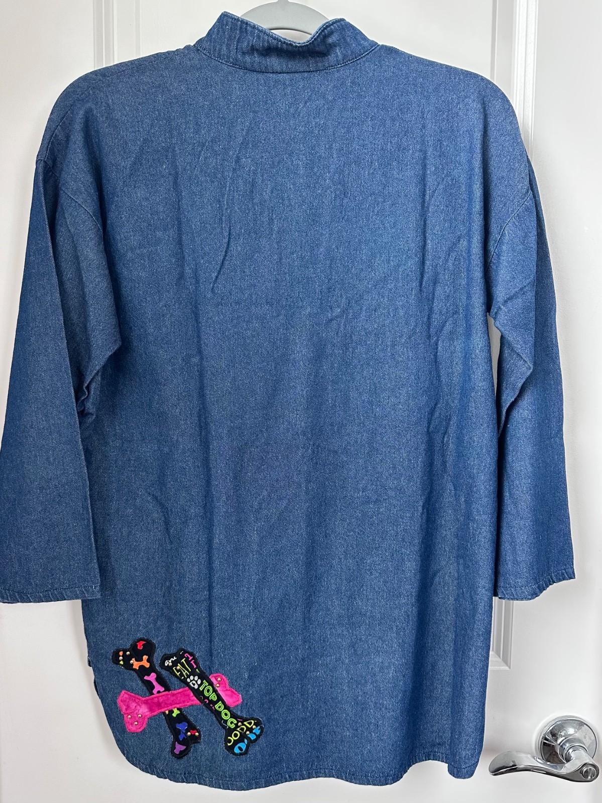 VTG Alfredo’s Wife Wearable Art Whimsical Dog Applique Denim Tunic SZ S OOAK
