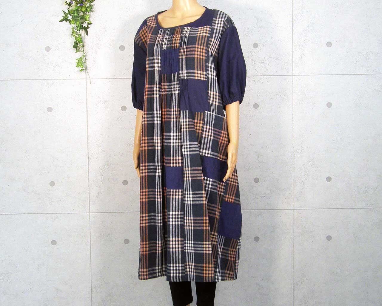 Japanese Vintage Kimono Remake Dress Cotton Indigo-dyed Round-neck Short-sleeved