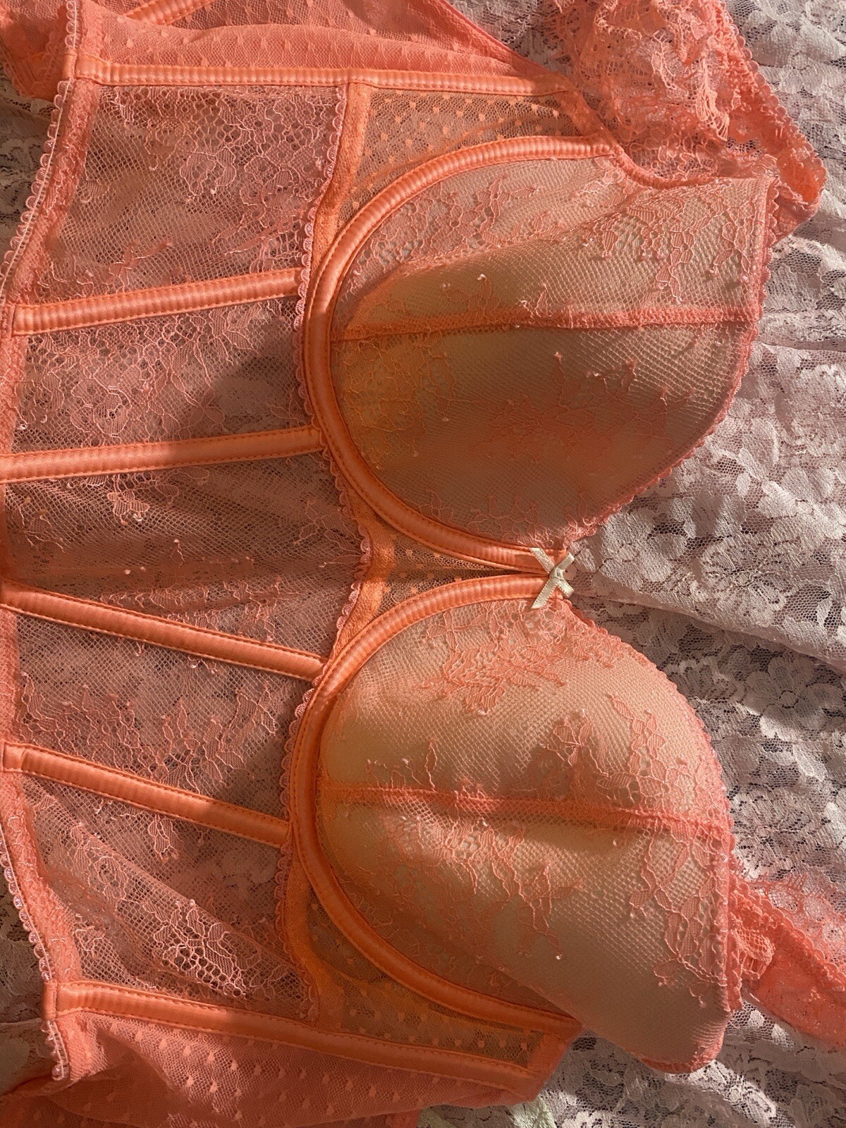 VTG DD S/M 36/38 VS Neon Orange Frilly Corset FRILLY Bra CORSET BUSTIER TOP