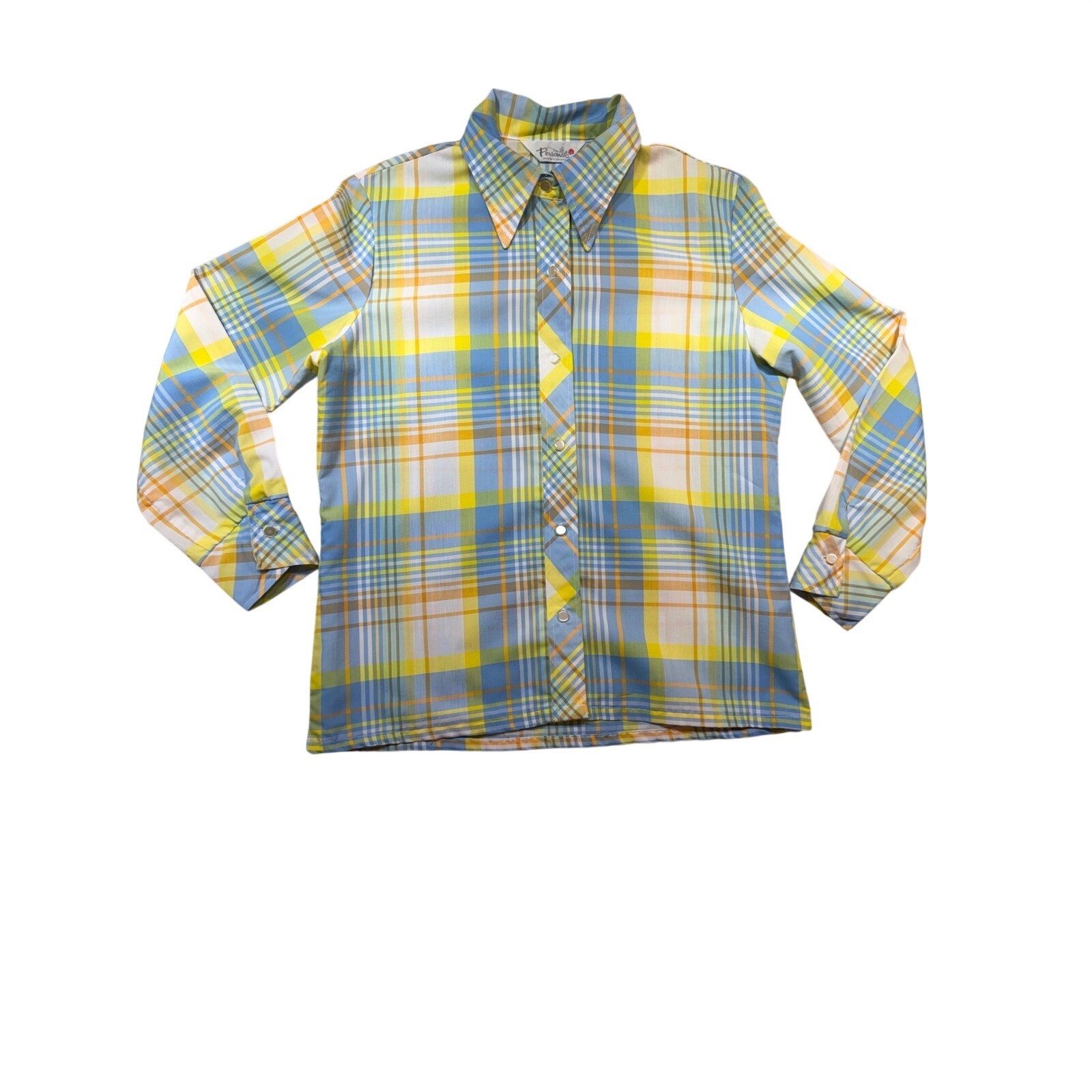 Vintage 70s Plaid Dagger Collar Button Down Blouse Blue Yellow Orange Size 14