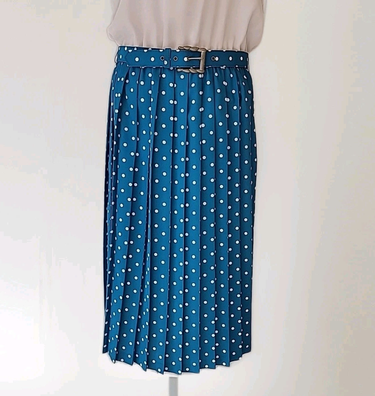 Vintage 80s Leslie Fay Petite Women’s Secretary Pleated Midi Dress Polka Dot 10