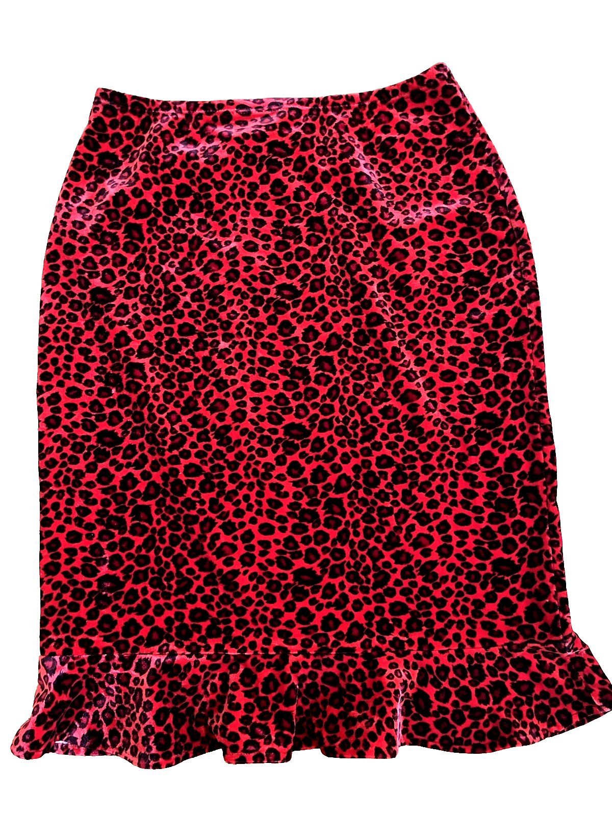 Vintage 90s Sans Souci Leopard Red Velvet Skirt M Goth Punk Ruffle Hem Stretch