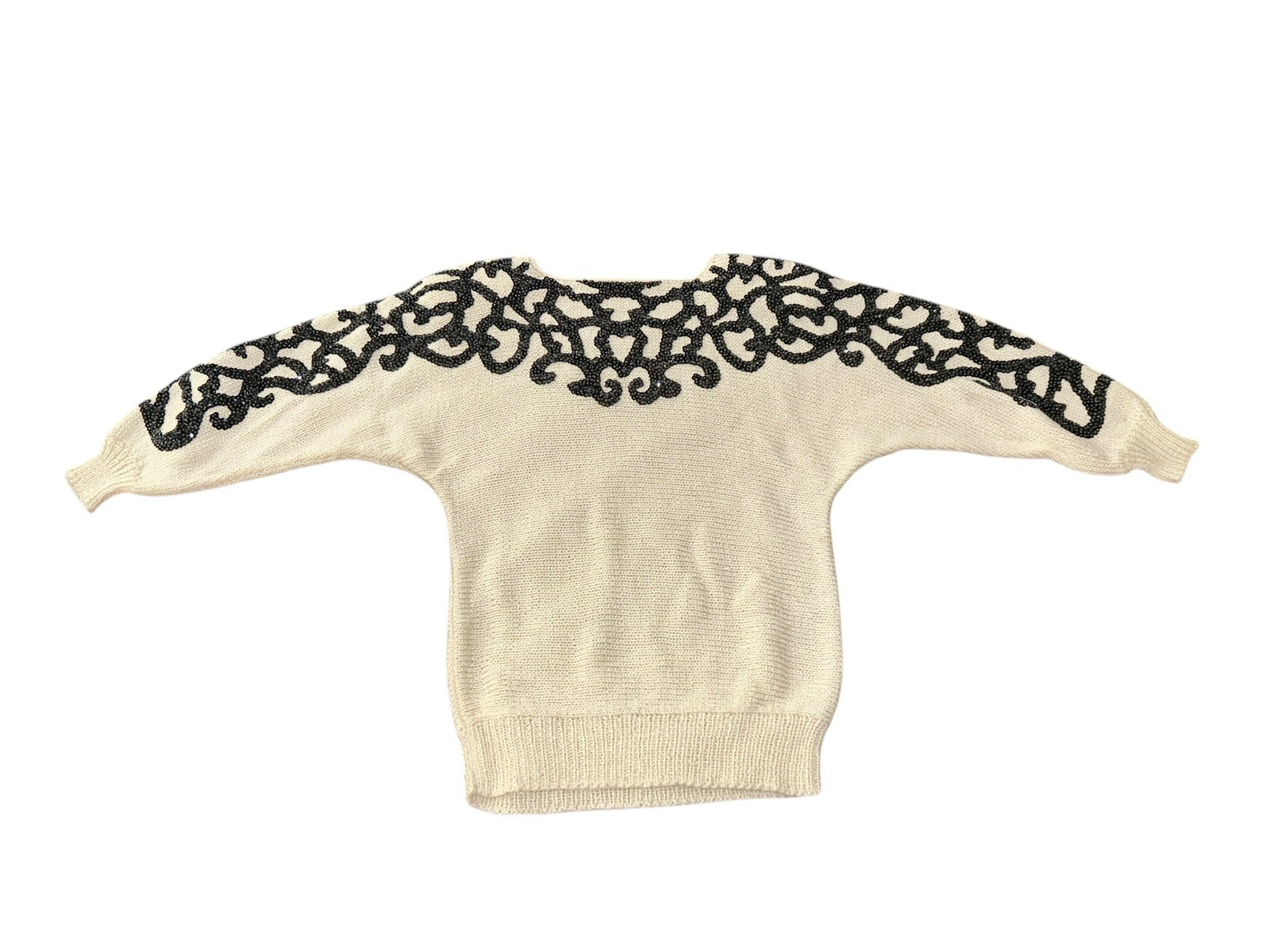 Vtg 80s Nannell Sequins Appliqué Embellished Knit Sweater Size S/M Black Ivory