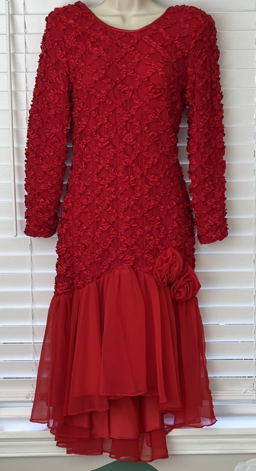 Vtg A La Carte California Hi-Lo Dress 80s Dance/Prom Ribbon/Lace Chiffon V-Back