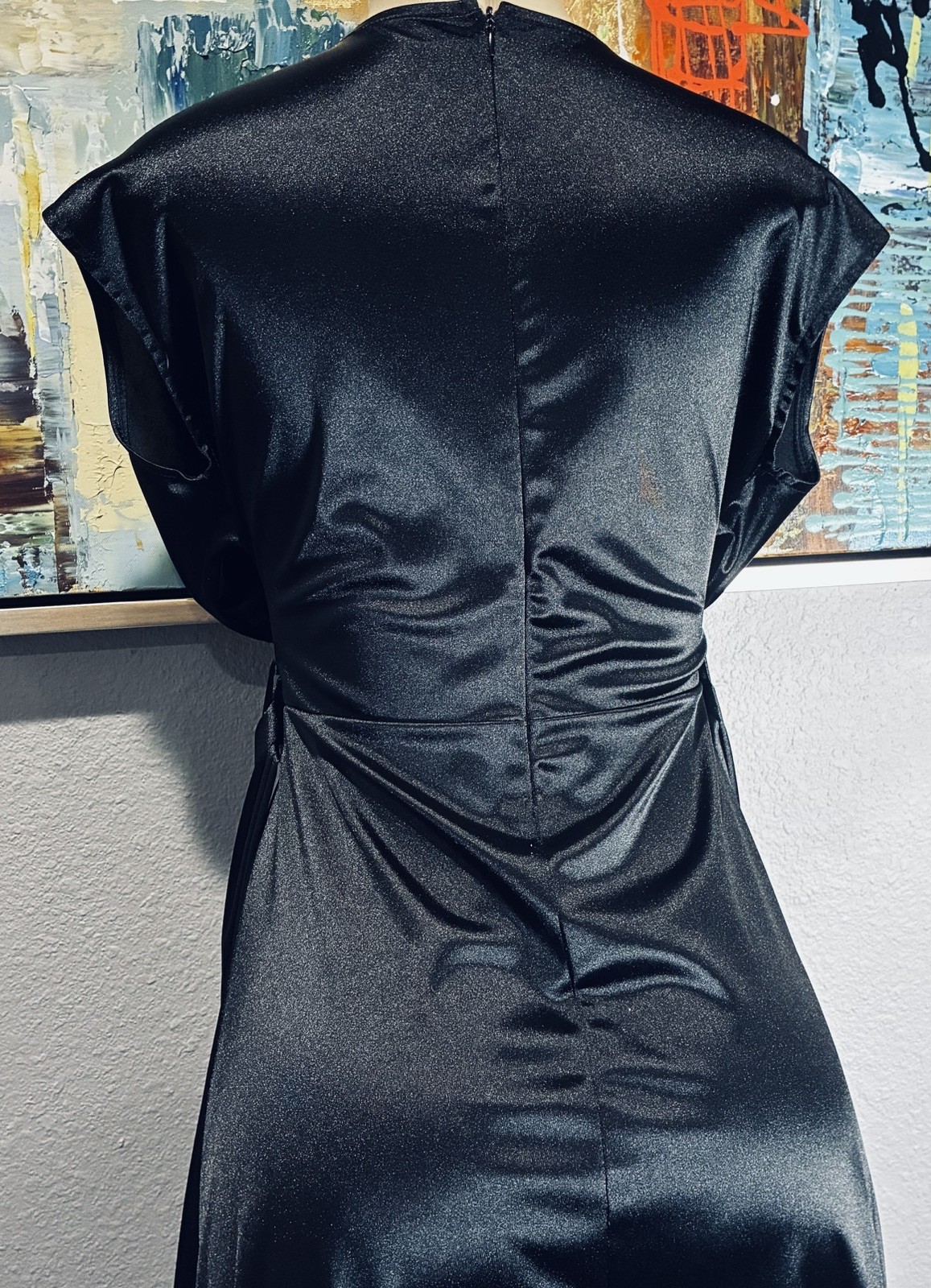 Vtg Black Shiny Spandex Wrap Front Long Dress S