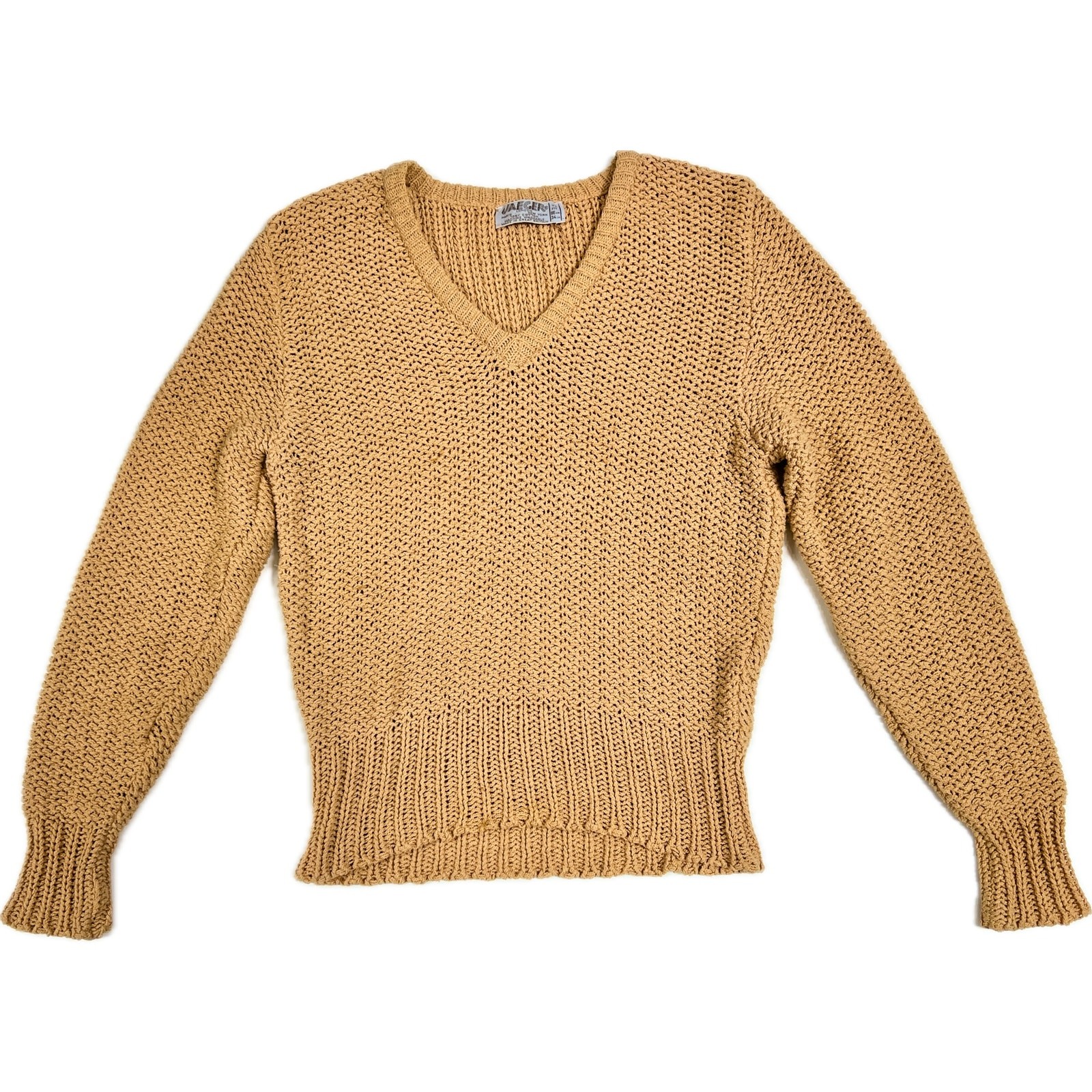JAEGER Vintage XS/S Camel Cotton V-Neck Sweater – 1980s