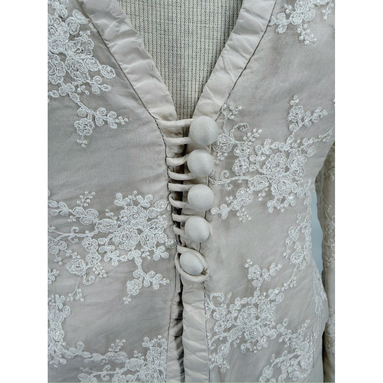 Vintage Angela Vickers Silk Lace Victorian Blouse Jacket XS/S Ivory Embroidered