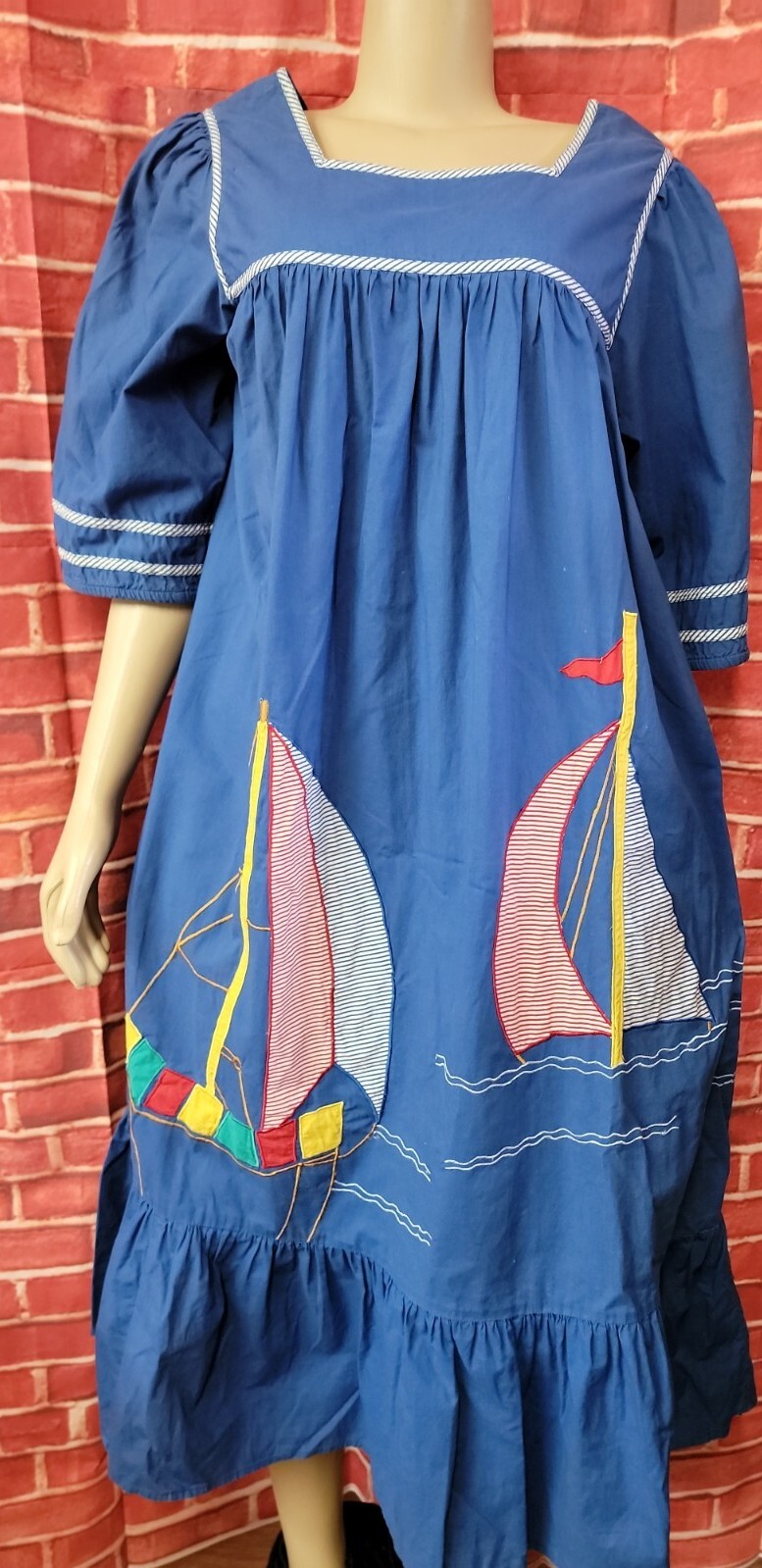 SEA WIND Artsy Blue Size M Vintage 80’s Sailboat Patches House Tunic Dress #W