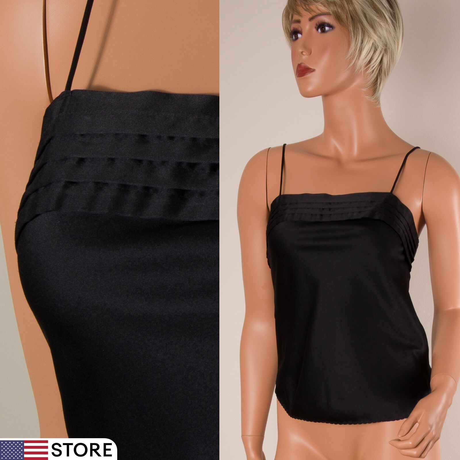 💖 DEENA Sz 32 Black Cami Tank Top Stretch Satin Spaghetti Strap Pleated Yoke