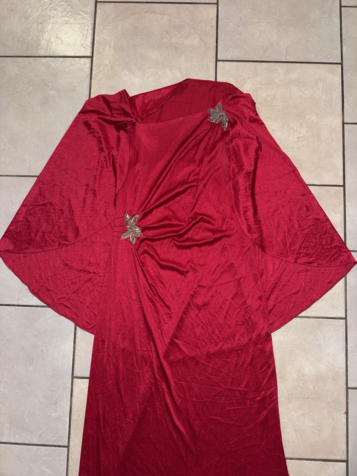 Vintage 1970s Red Cape Sleeve Evening Gown Draped Grecian Maxi Dress