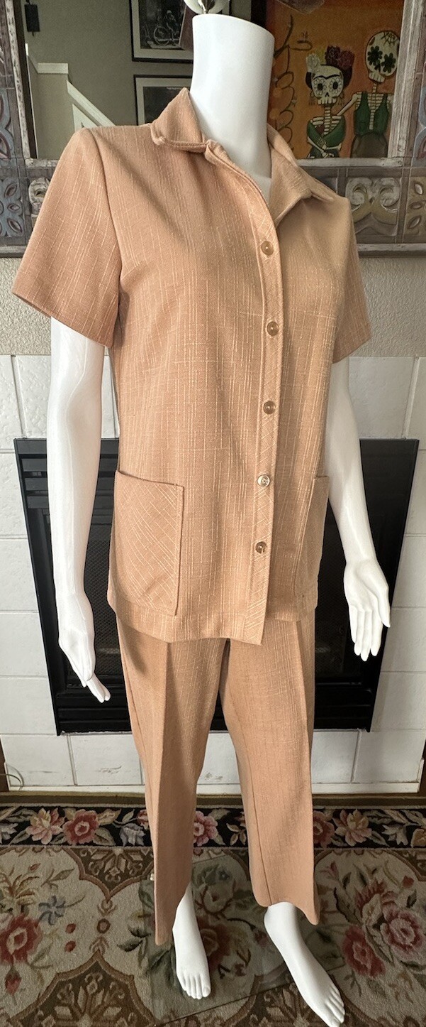 Vtg 70s Peach Leisure Suit Polyester Armpit To Armpit 19” Waist 32” S/M