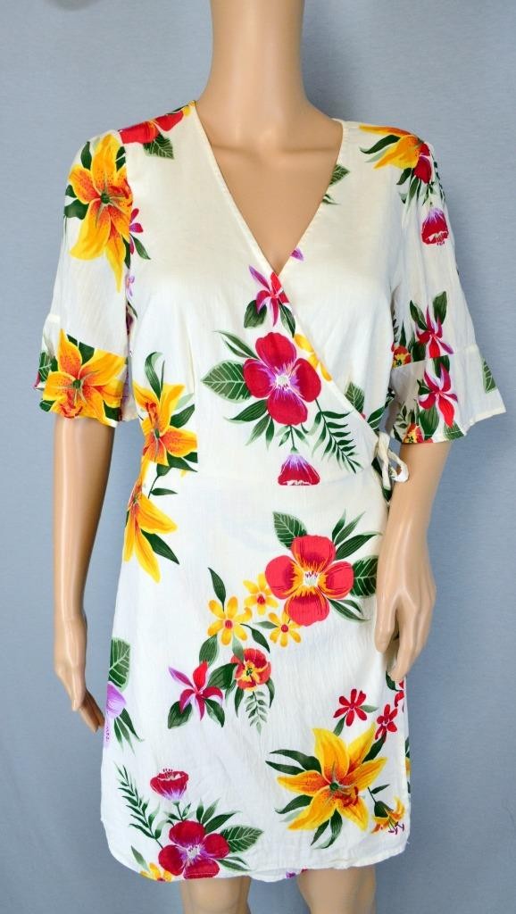 VTG Old Navy Mini White Tropical Floral Deep V Flutter Sleeve Boho Wrap Dress M