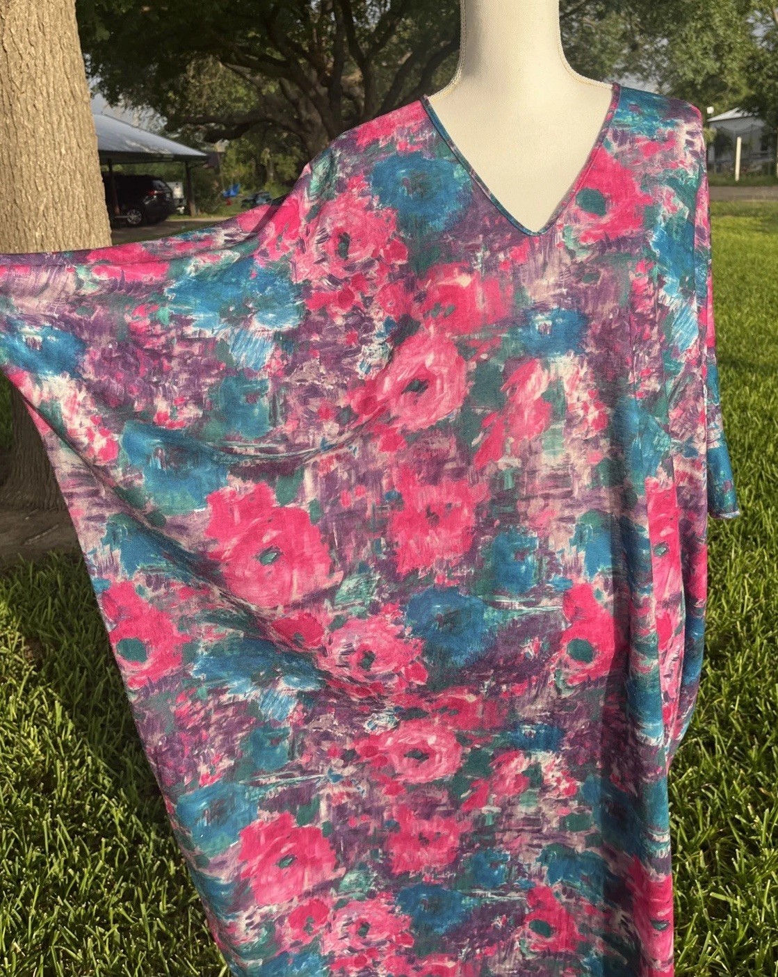 Caftan Lounge Dress Batwing Floral Plus Size Pink Blue Made USA Vintage