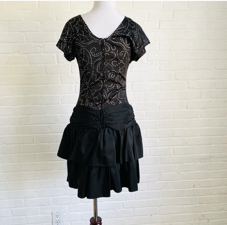 Vintage TJuniors Black Drop Waist DressSize 3-4 Ruffle Sequins 80’s Cocktail
