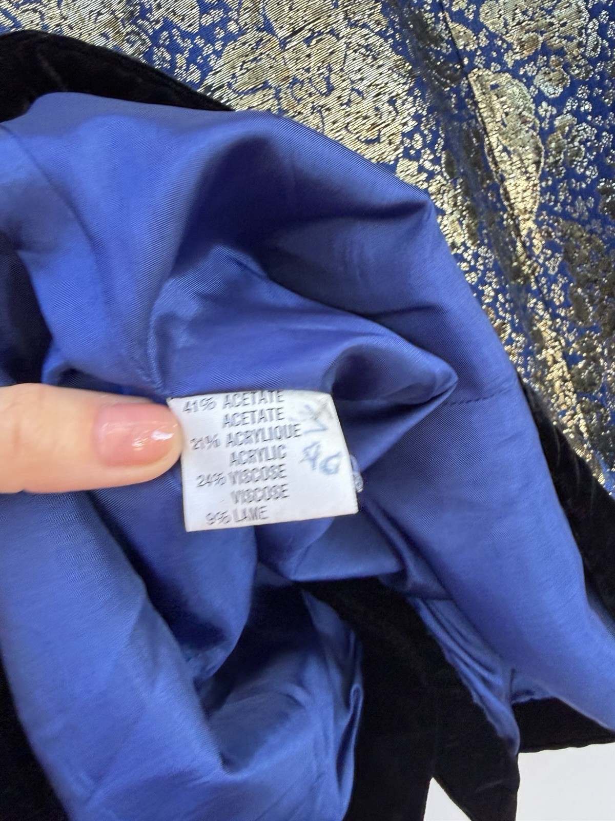 Lanvin Jacket Vintage Blue Gold Lame Floral Brocade Black Velvet Collar 1980s