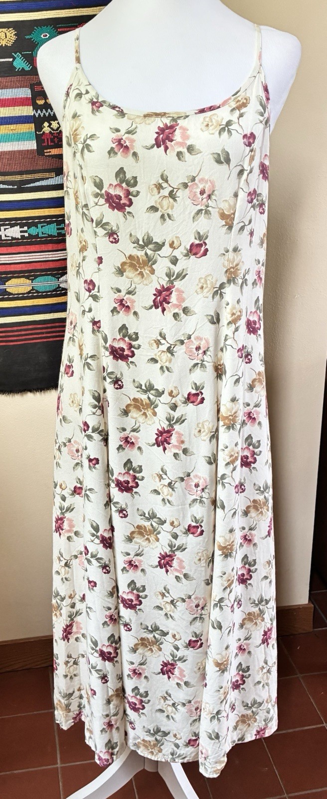 Vintage 90s Beige Floral Dress Size LG Maxi Slip Cottagecore Y2K