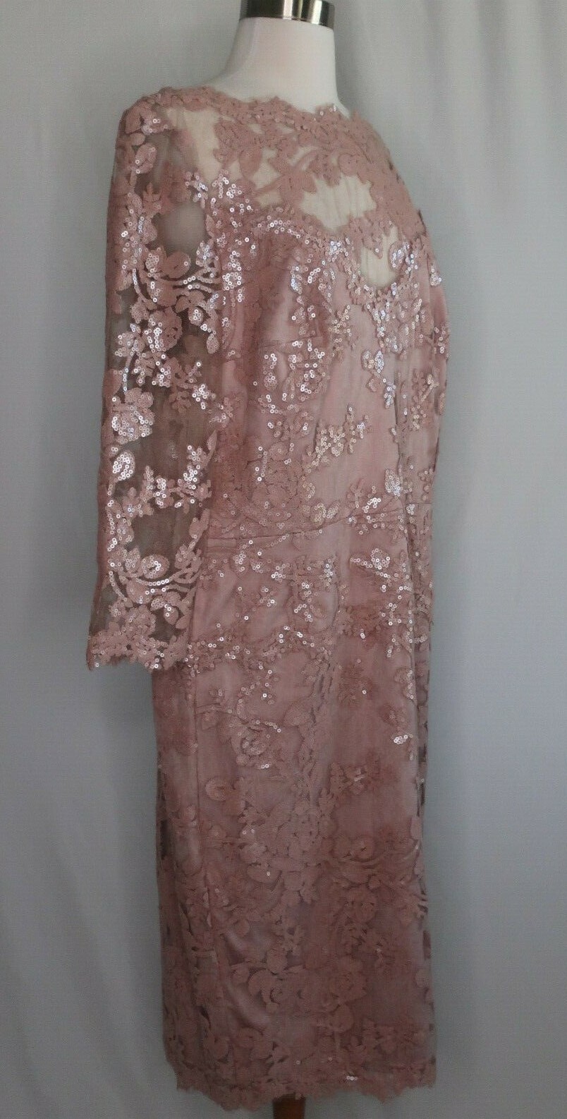 Tadashi Shoji Rose Pink Sequin Lace Floral Sheer Evening Cocktail Dress Sz 16