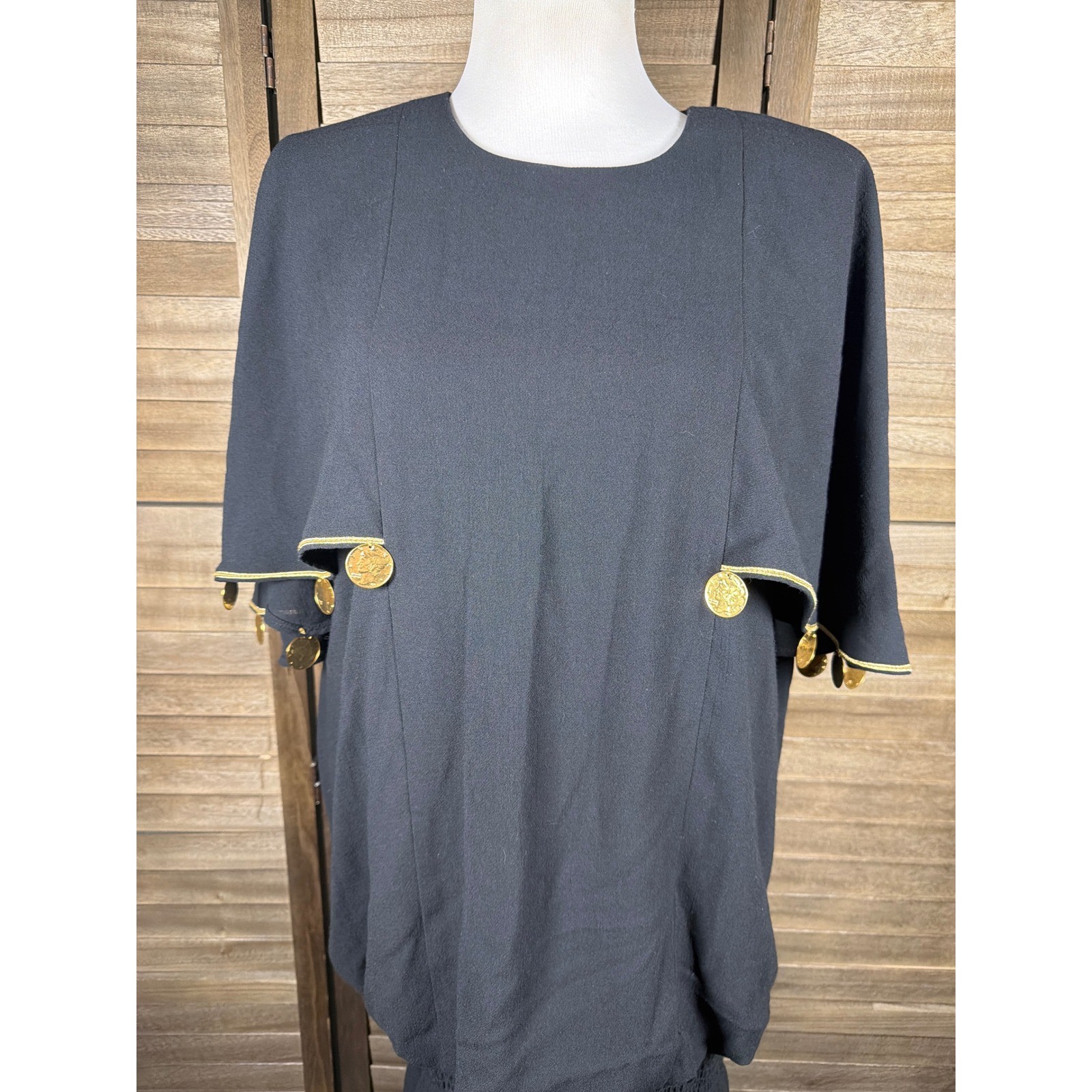 Tiffani Kim I Magnin Vintage 80s Black Coin Embellished Blouson Dress Size 10