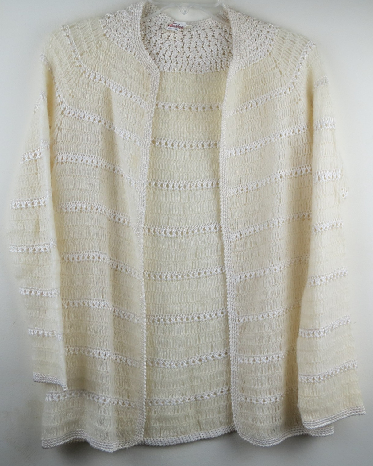 Vtg. 70s Fashion Hand-Crochet Ivory White Open Lace Knit Winter Large Cardigan