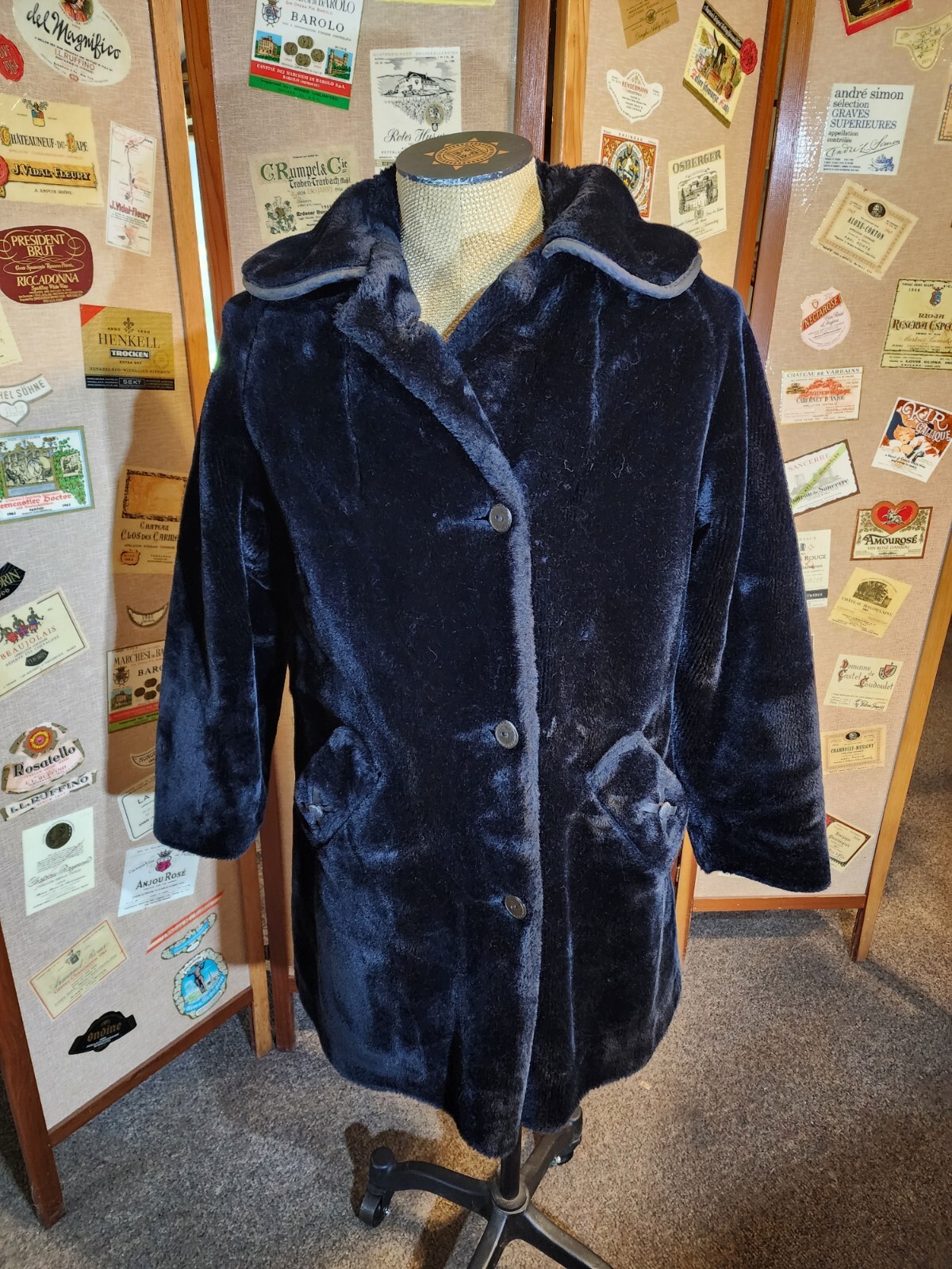 Borgana Faux Fur Black Coat Mod Size 18 Union Label Leather Accents Vintage 1960