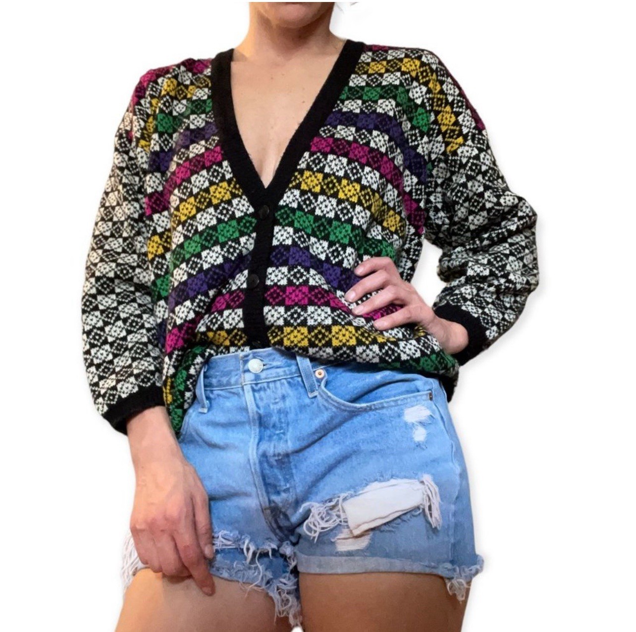 Vintage Jamie Scott Multi-Colored Checkered Cosby Style Cardigan Sweater Medium