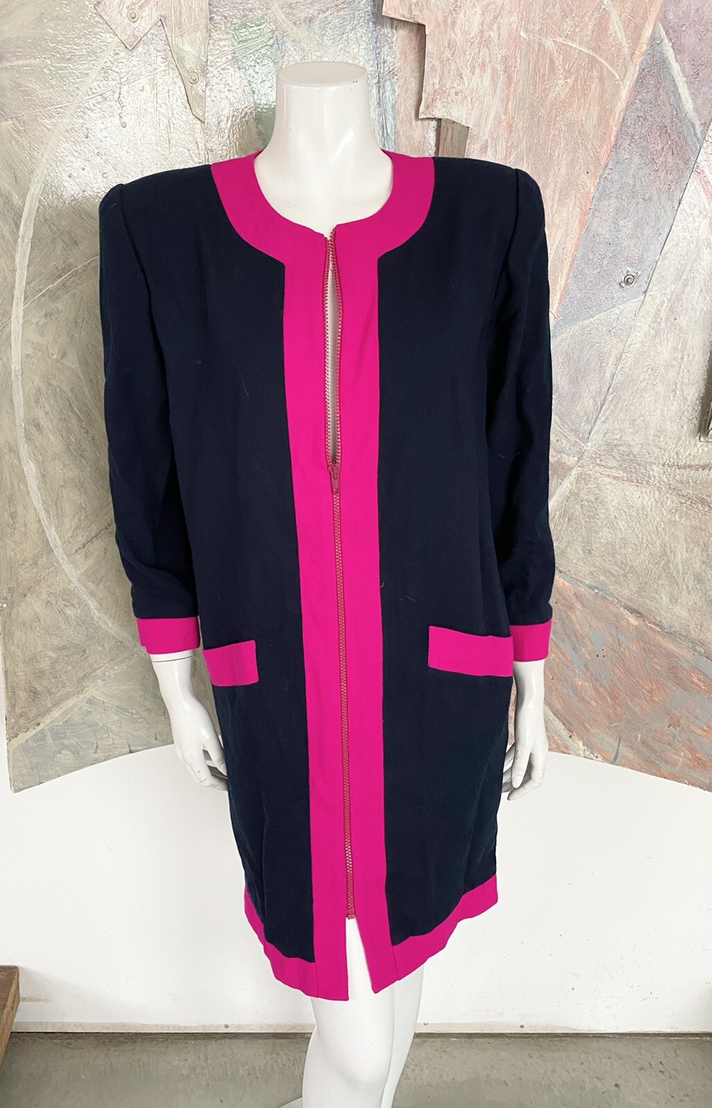 Vintage Henri Bendel Neon Pink Blue Wool Shift Zippered Pocketed Dress Size 8