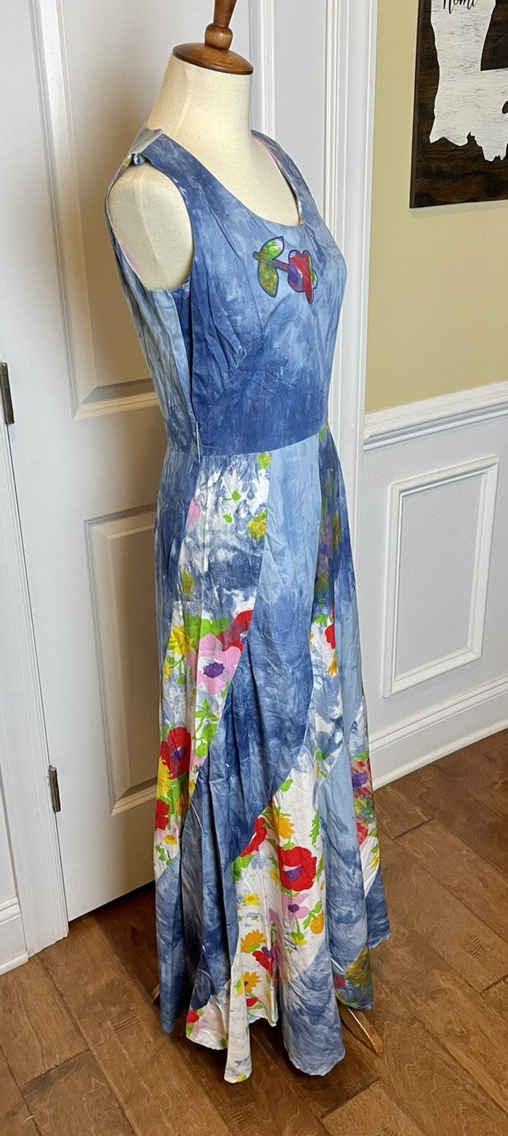 Vtg 60s Eve Le Coq Tie Dye Floral Maxi Dress Avril Cotton Sleeveless Sz S/XS