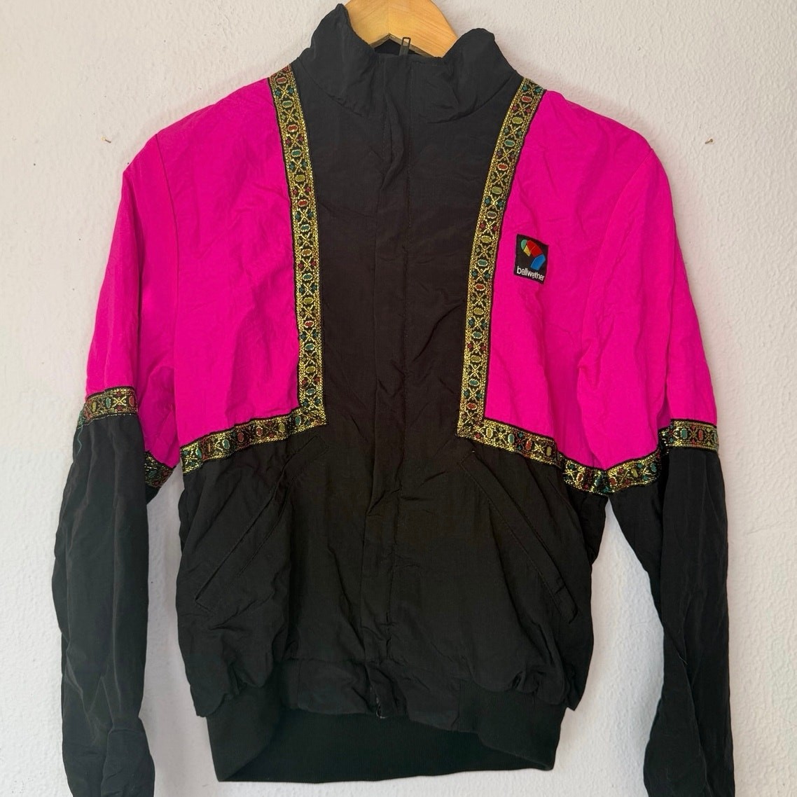 Vintage Bellweather Jacket Fleece 1990s Retro Pink Black Gold Trim Women Medium