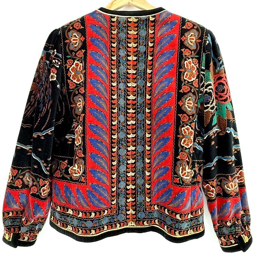 Vintage Velvet Quilted Jacket Tapestry Black Red Blue Maximalist Regency Folk M