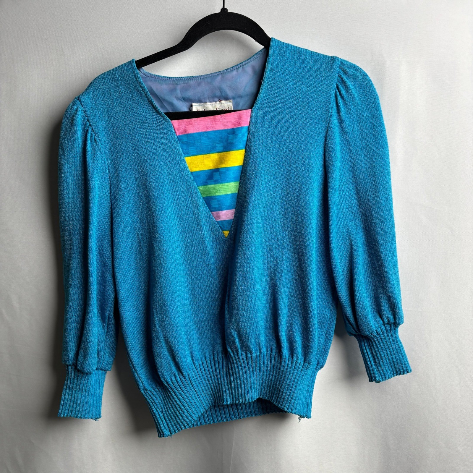 Anthony Sicari Vintage 80s Blue Knit Sweater Rainbow Inset 6 Pastel Colorful