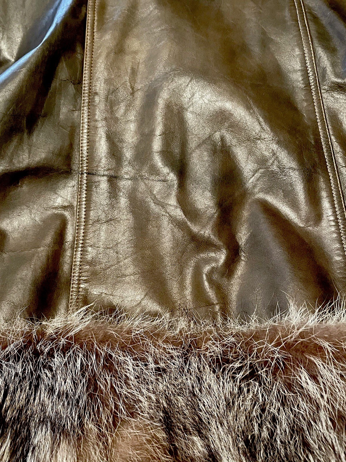 Vintage Brown Leather & Genuine Fur Swing Trench Coat Boho Bonnie Cashin Style