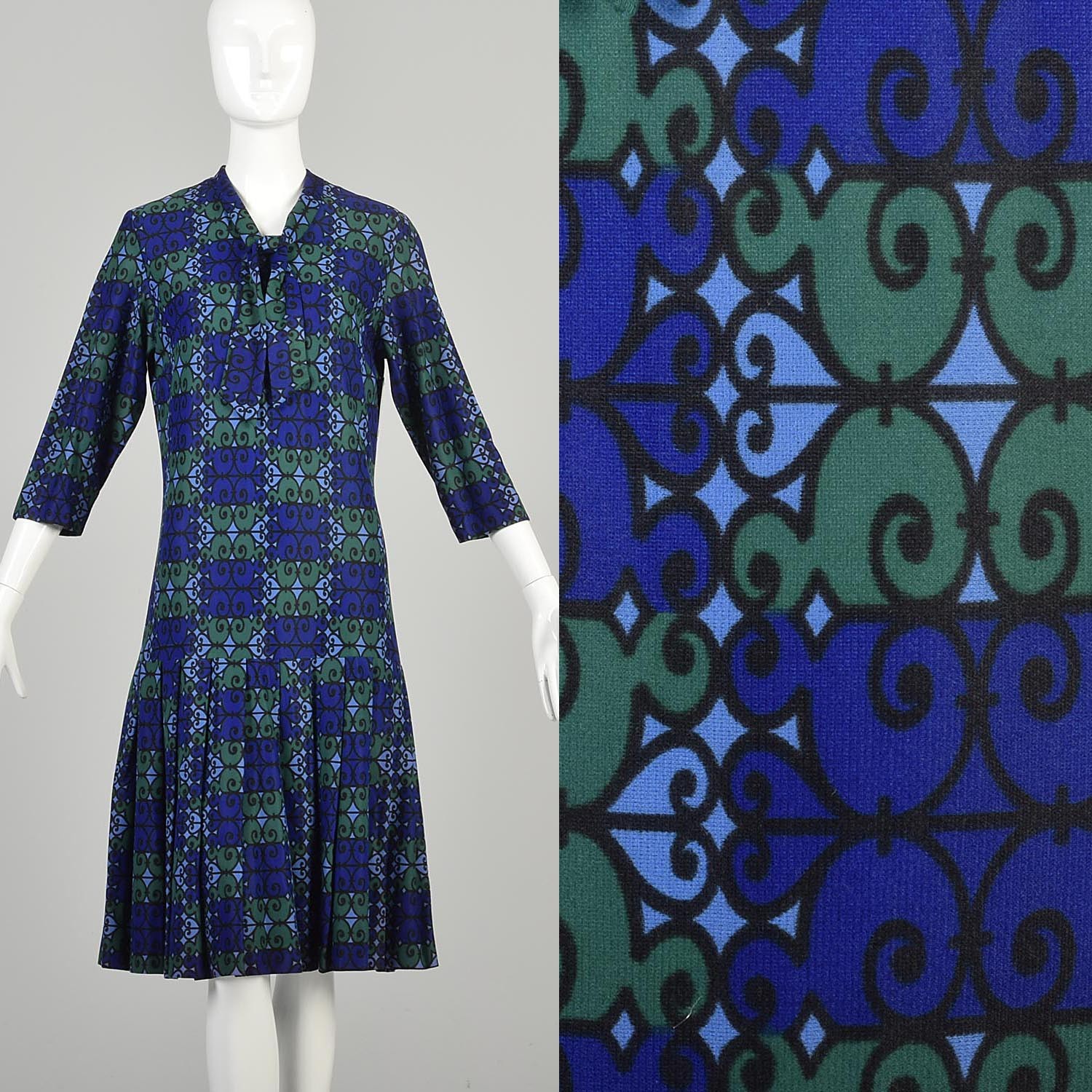 Large 1960s Blue Green Swirl Dress Bow Collar Half Sleeve Drop Waist Pleated