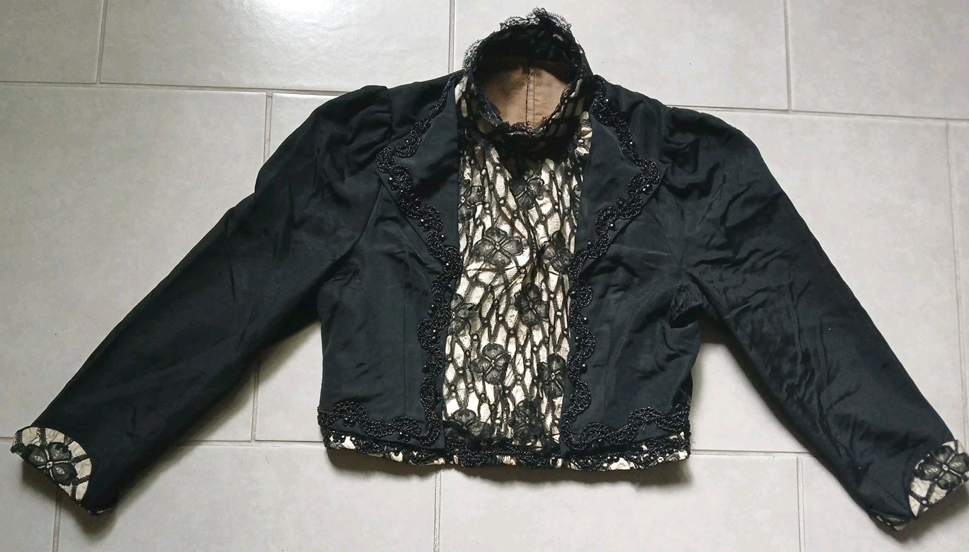 ANTIQUE VICTORIAN BLOUSE JACKET HANDMADE LACE BEAD HIGH NECK METAL TOP HOOKS BLK