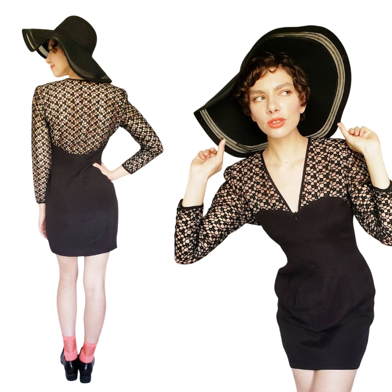 VTG 1980s Black Party Dress Crochet Lace Nude Illusion Kathryn Dianos Zip Front