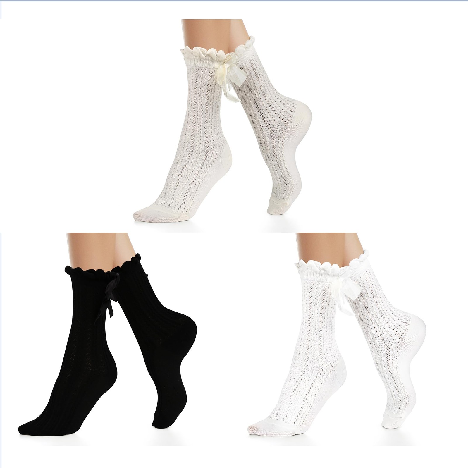 Benefeet Sox Lace Ruffle Frilly Ankle One Size, Bow(black,white,cream)