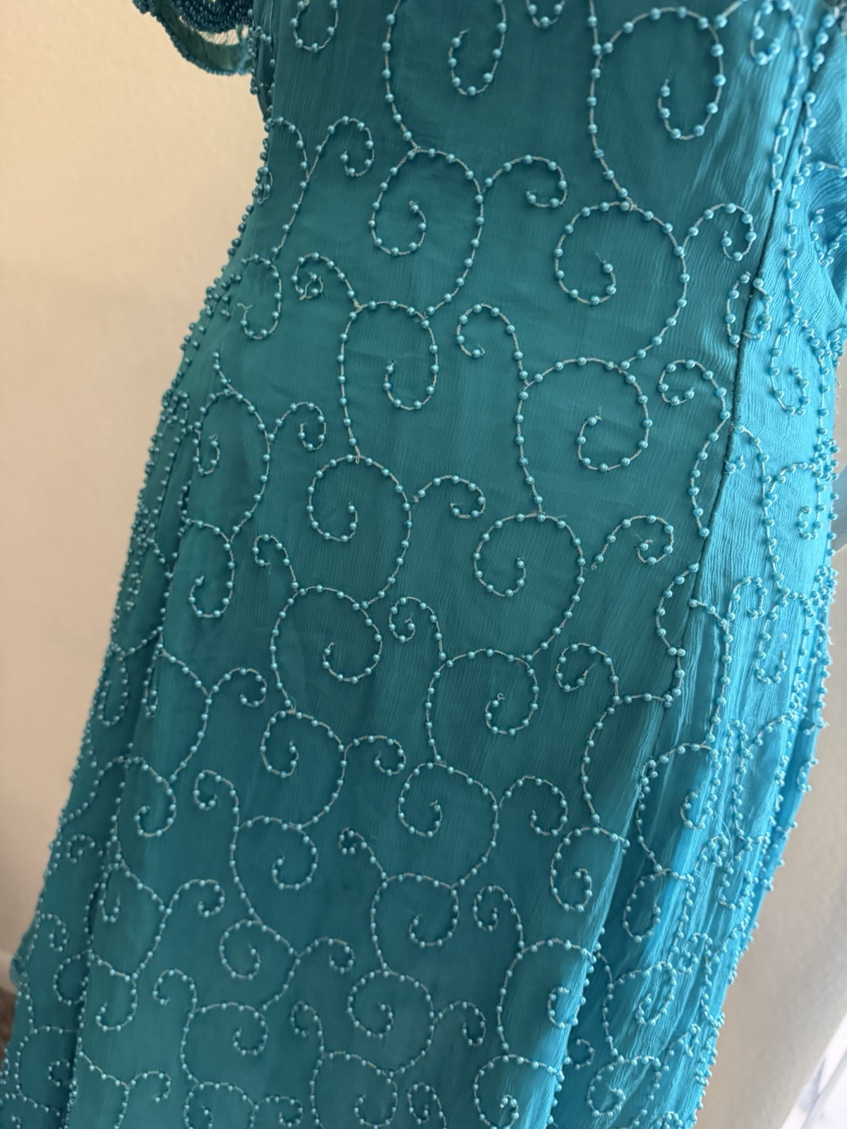 Creative Creations Vintage 100% Silk Dress – Teal Blue Beaded Embroidered Size 8