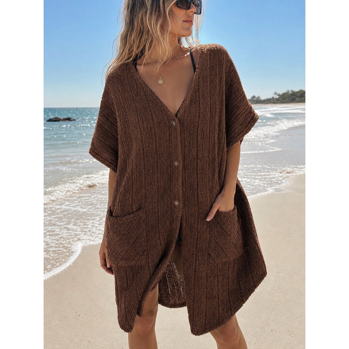 Herbcraft Vintage Short Sleeve Cardigan Womens XL Brown Ribbed Chenille Texture