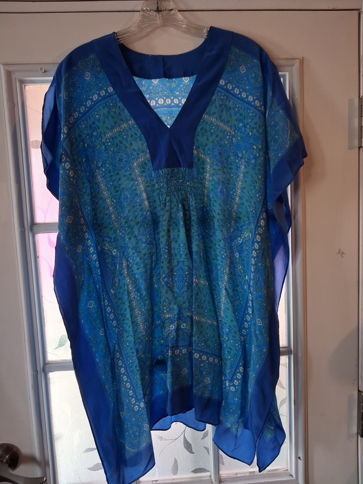 Vintage Silk Short Caftan , Blues, Slip Over, Sz L