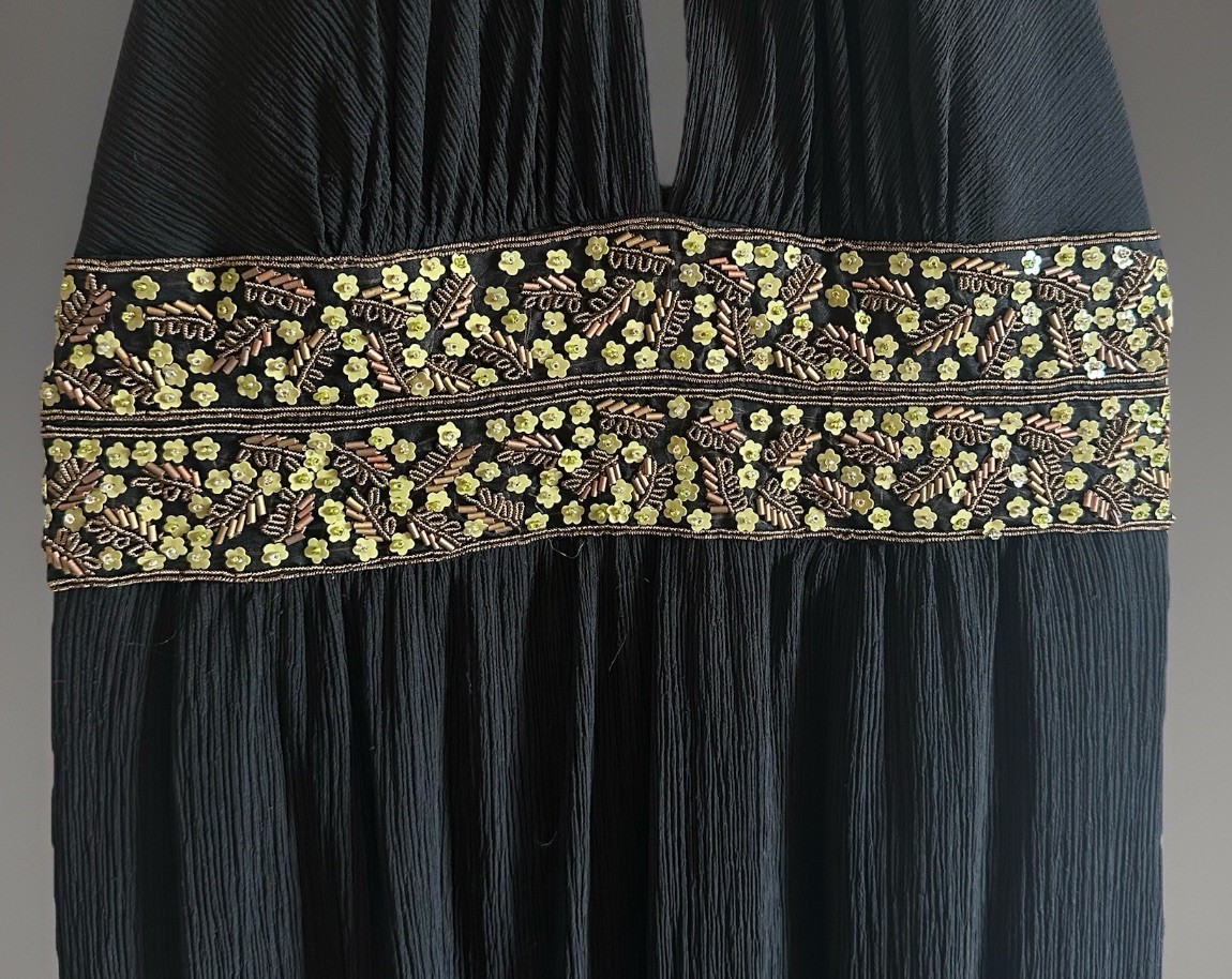 Y2K Black Maxi Dress Halter Sz 4 Beaded Waist Evening Cocktail Party Kay Unger