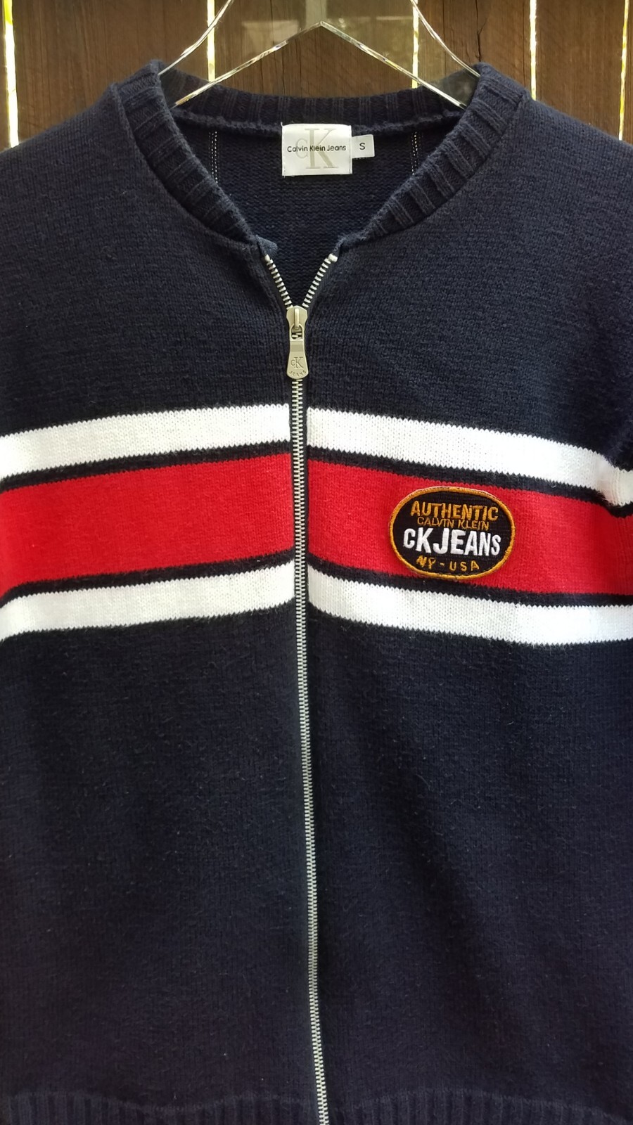 VTG Y2K Calvin Klein Jeans Red White Blue Stripe USA Full Zip L/S Cardigan Logo